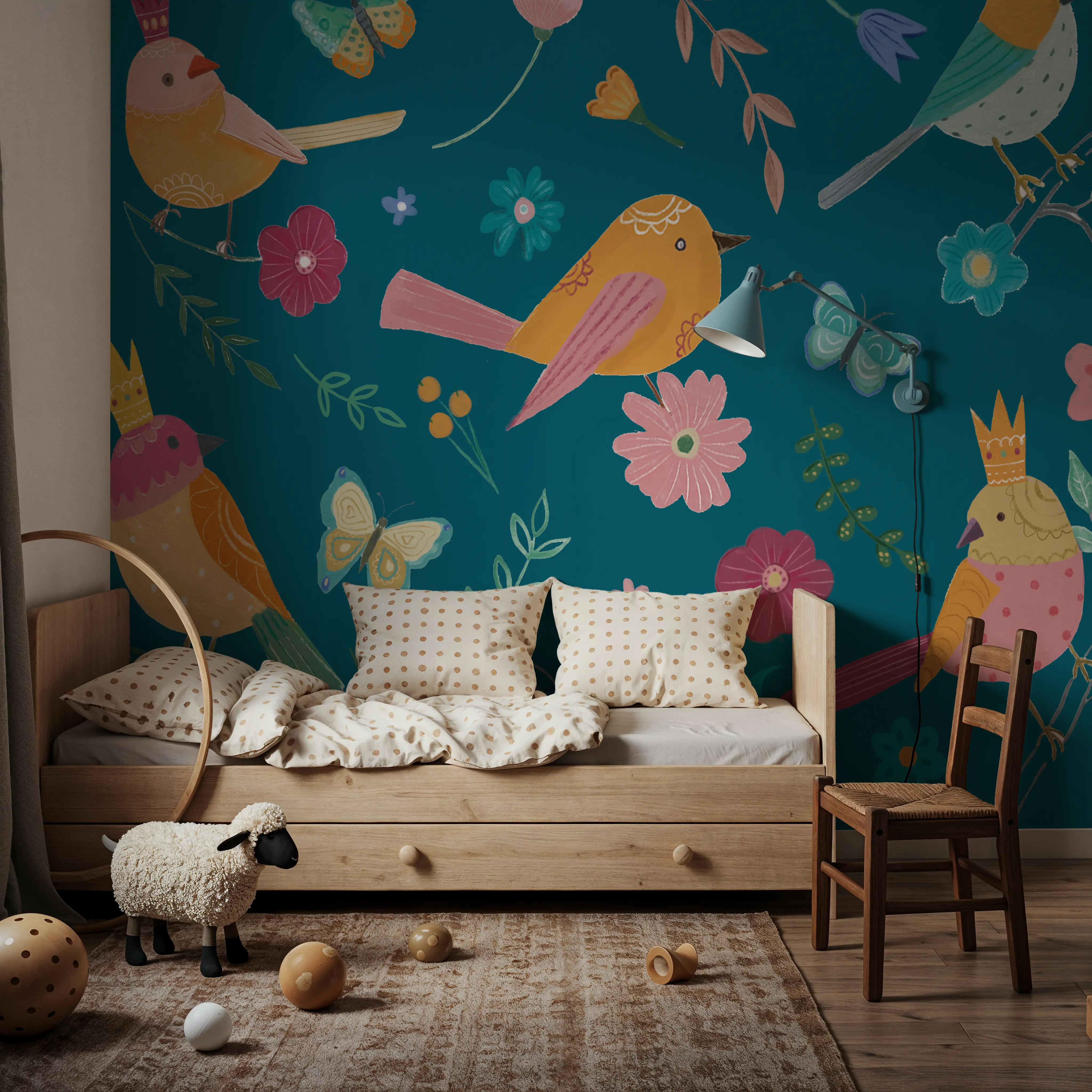 Fotobehang - Royal Birds on Blue - Vogels Bloemen Mural - Blauw - Kinderkamer - Wallism België - Zelfklevend of Vliesbehang