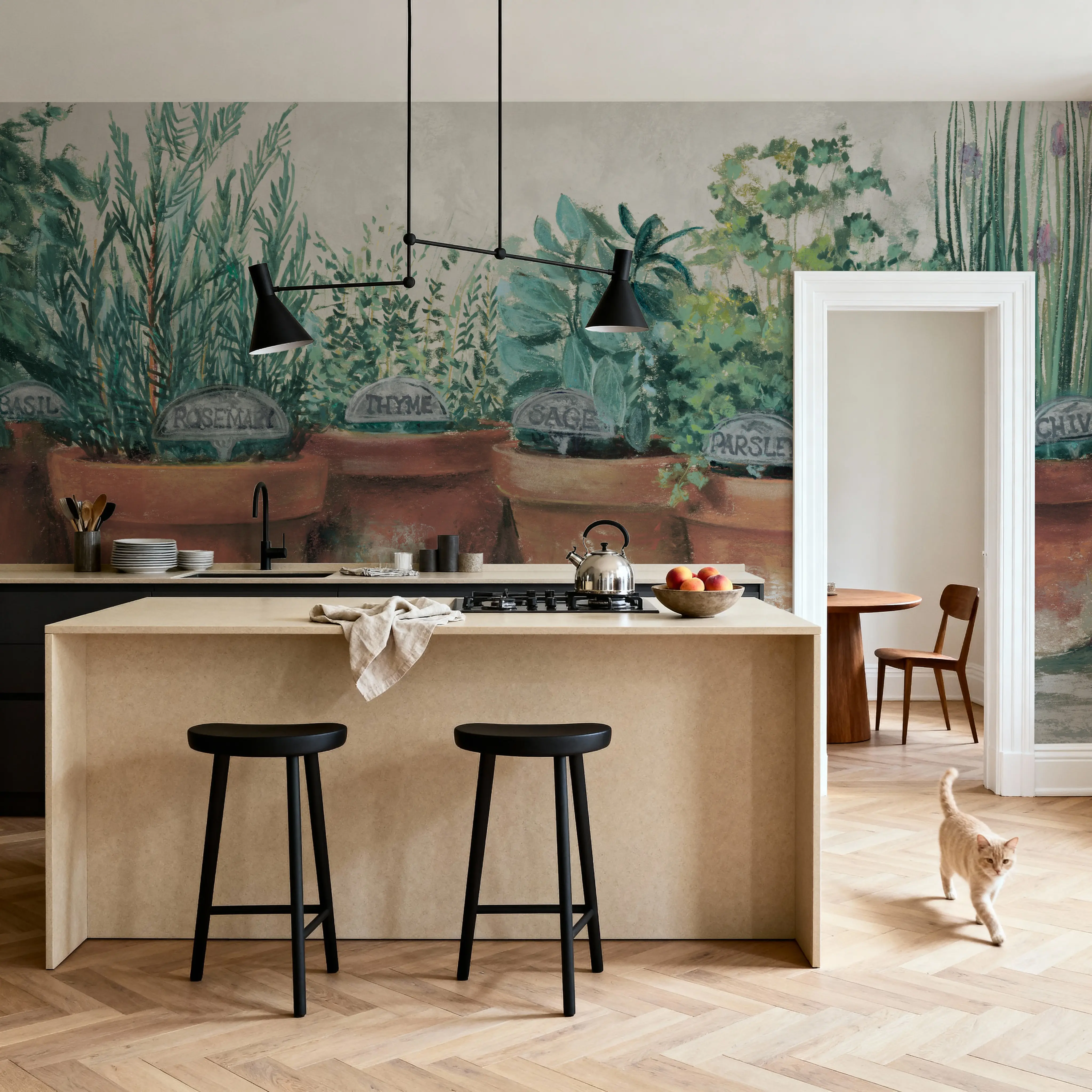 Fotobehang - Pots of Herbs II Cottage - Bladeren Natuur Mural - Groen - Woonkamer - Wallism België - Zelfklevend of Vliesbehang