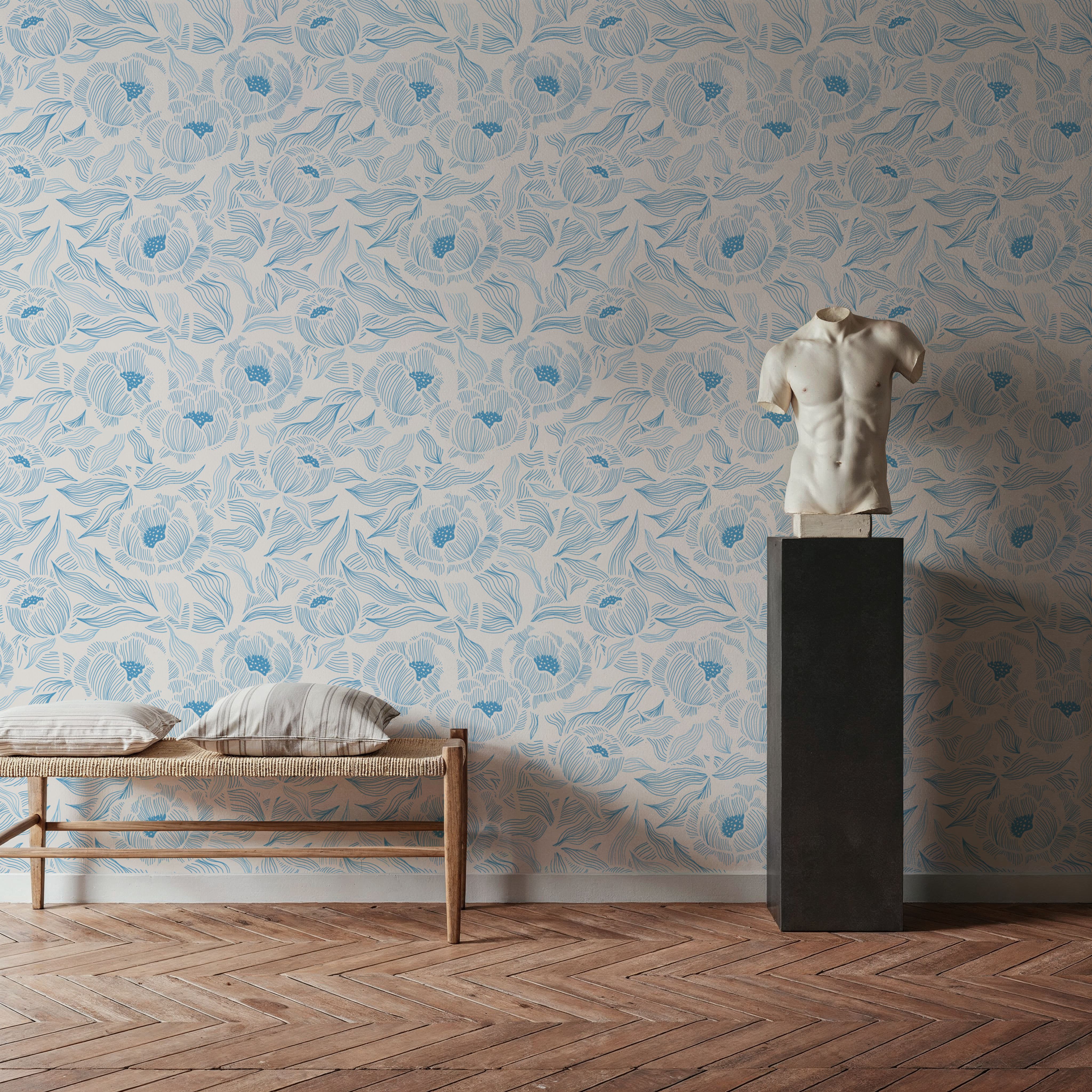 Hidden Peonies, Blue on Beige