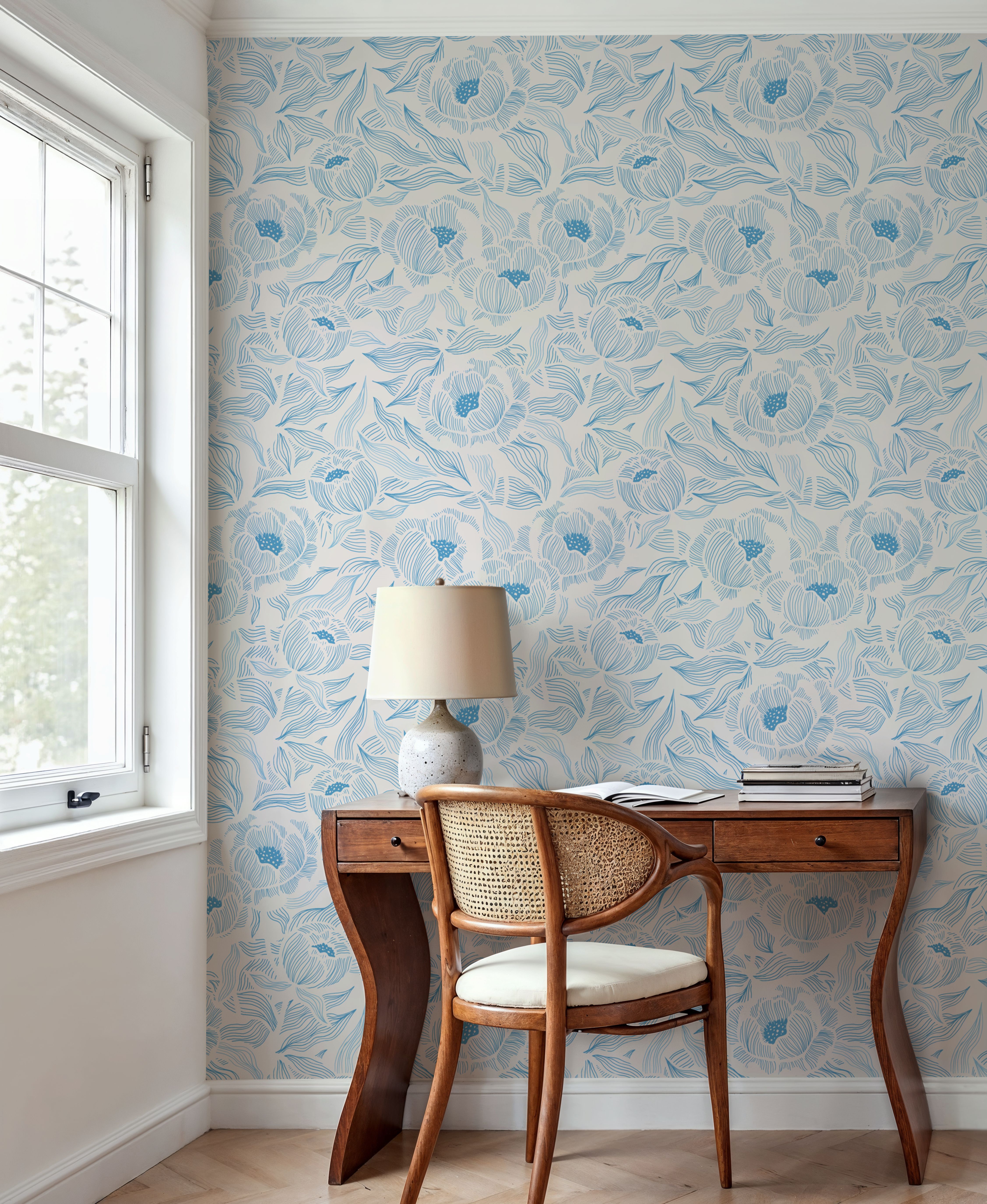 Hidden Peonies, Blue on Beige