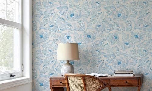 Hidden Peonies, Blue on Beige