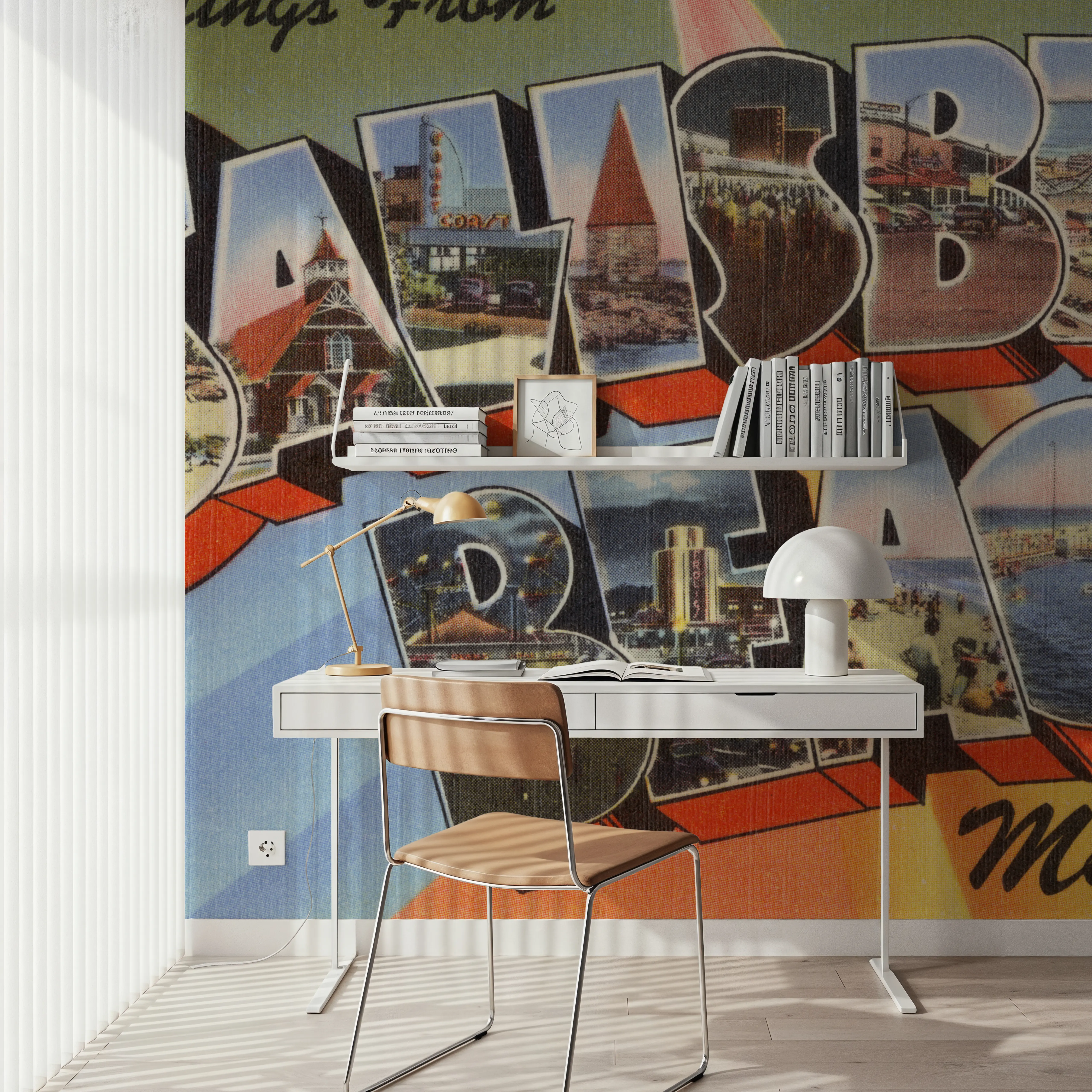 Wall Mural - Greetings from Salisbury Beach - Screenprint Postcard - Beach Landscapes mural wallpaper - Blue - Dining Room - Wallism UK