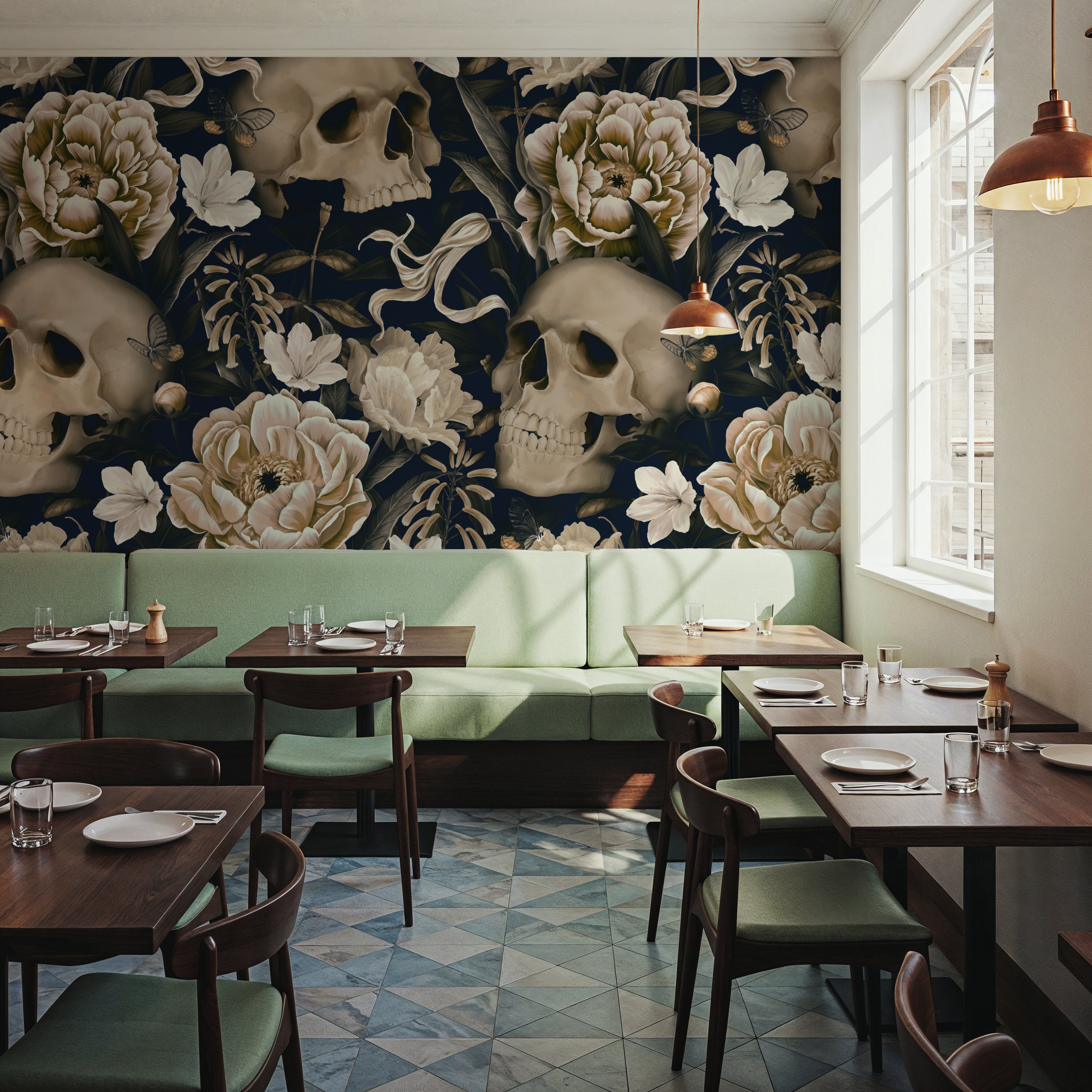 Peonies and Skulls Dark Blue