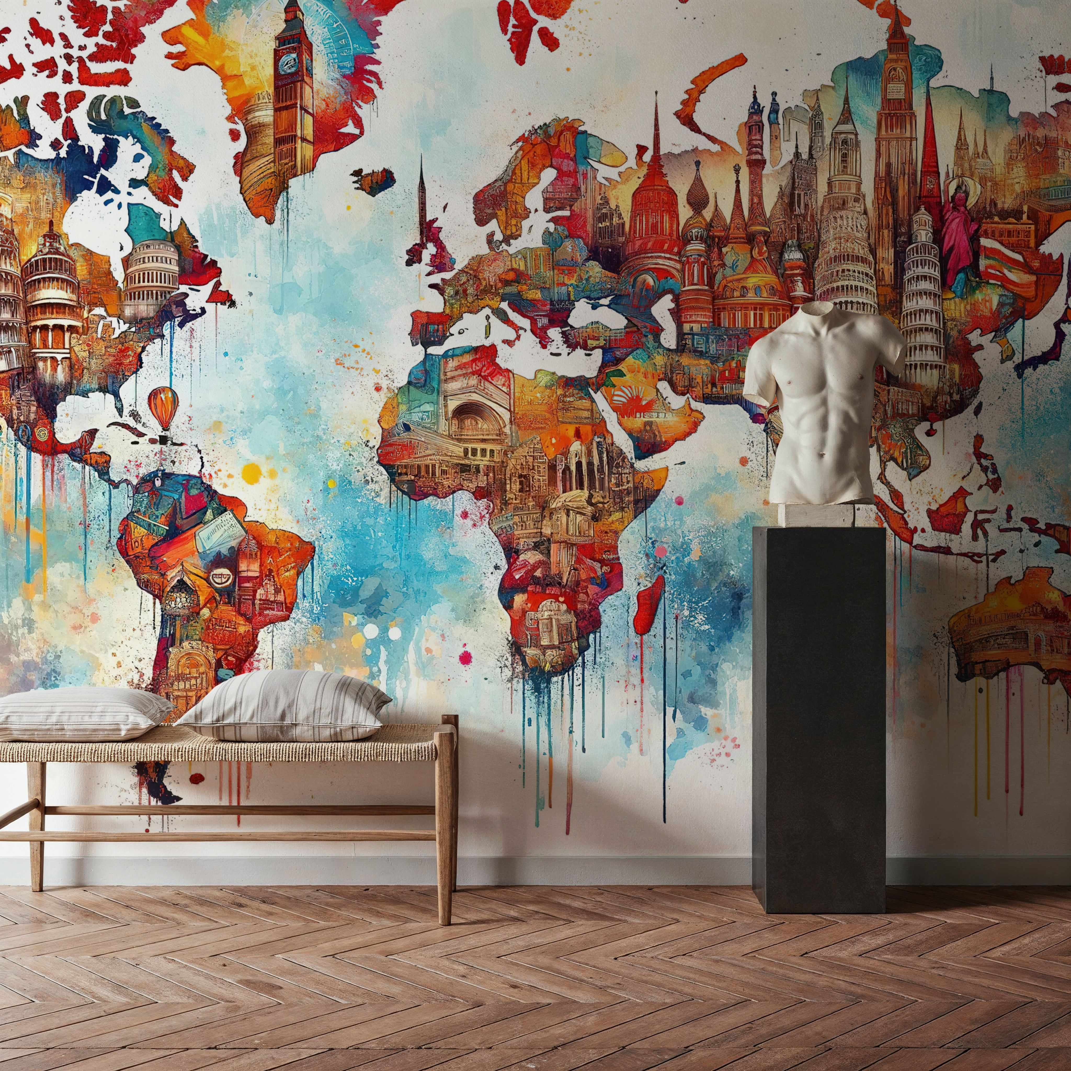 Watercolor World Map Landmarks