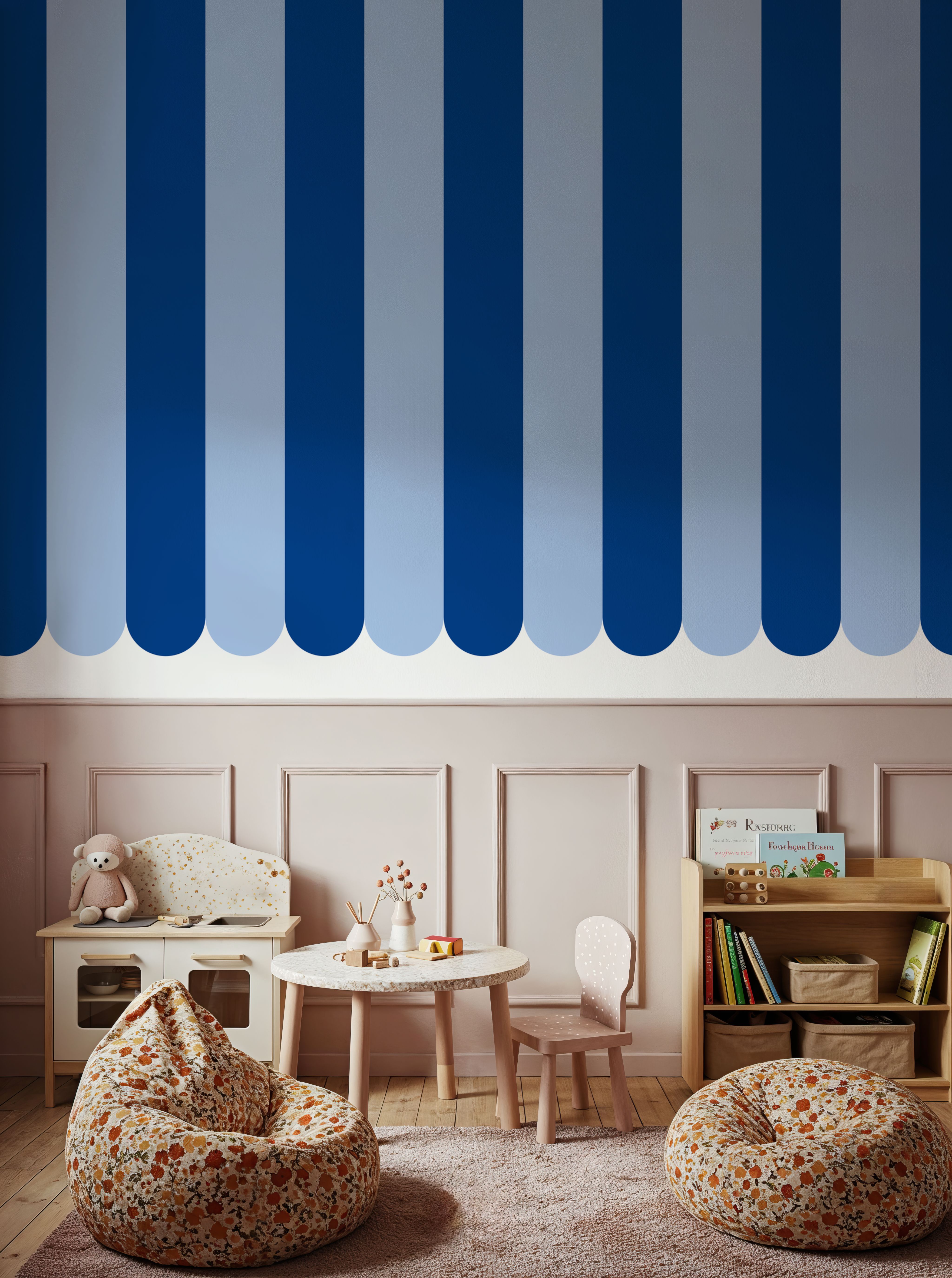 Scalloped Circus Stripes, Blue on Blue