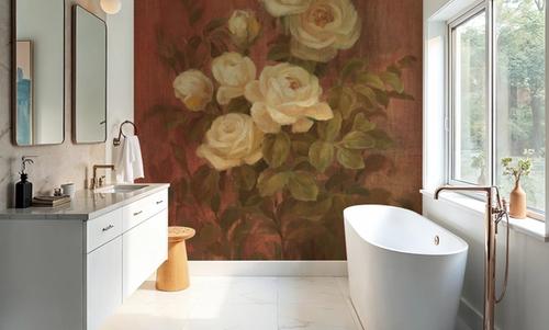 Peach Roses on Red
