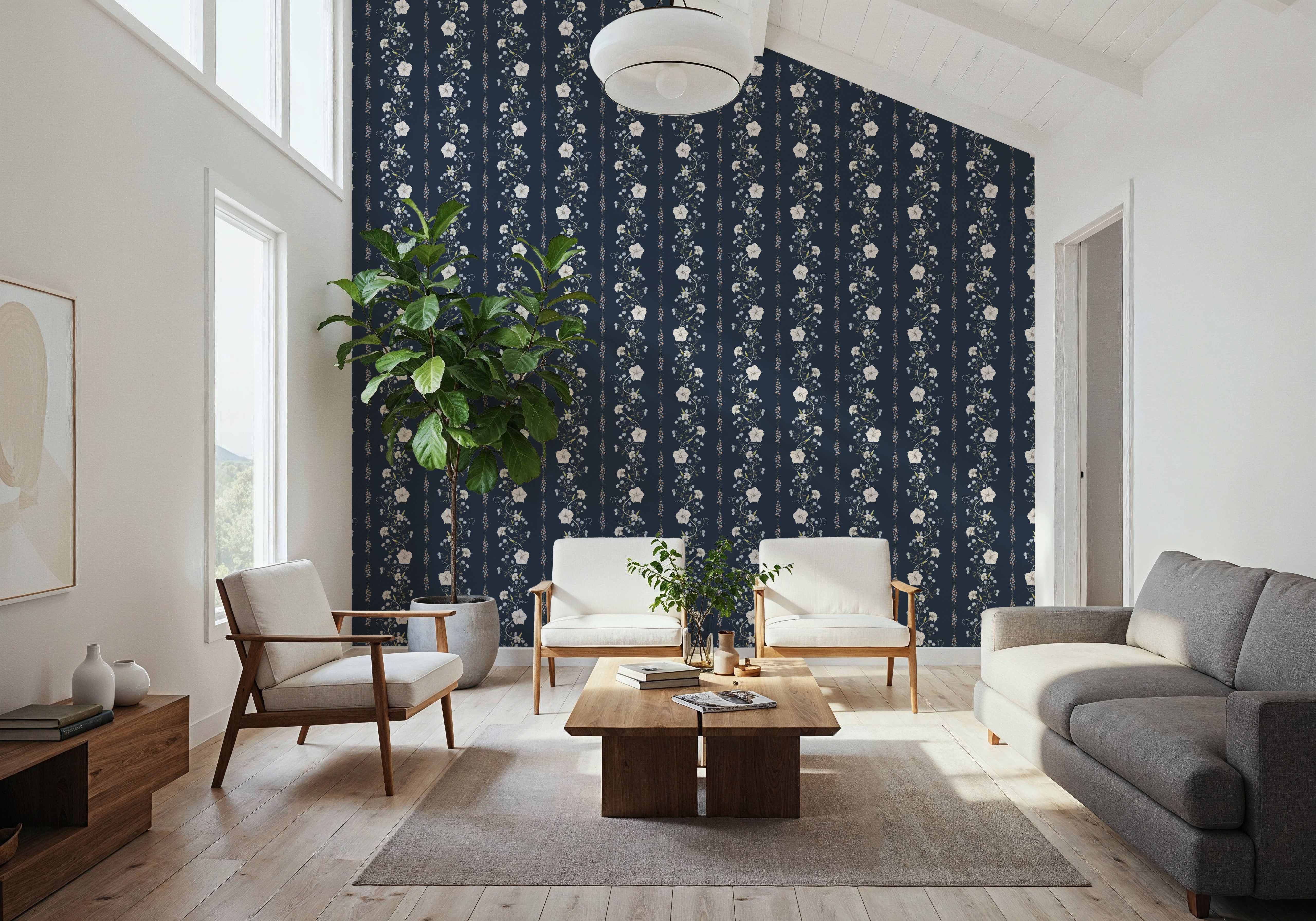 Trailing Flower Stripe, Navy