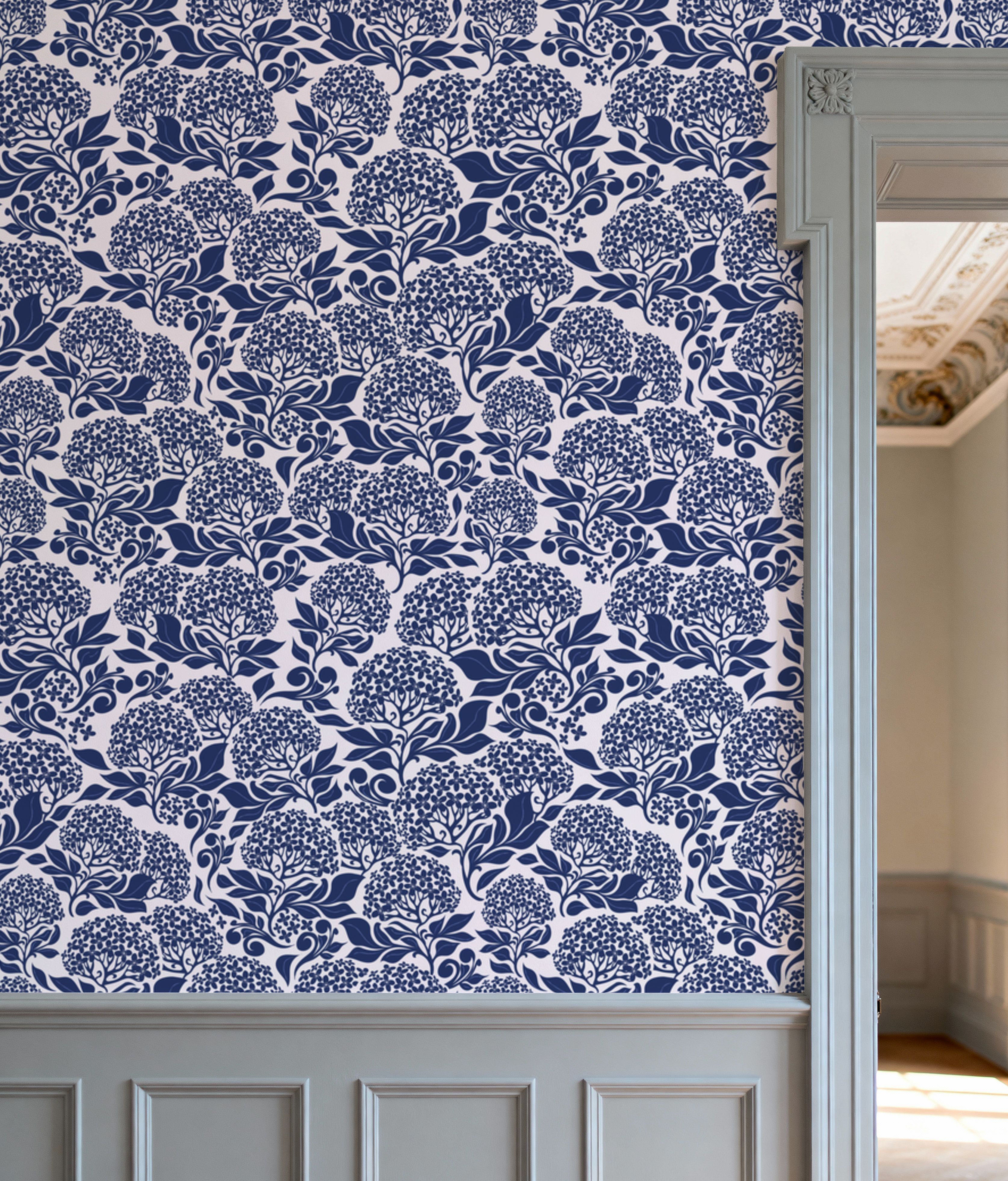 Hydrangea, Navy on Cream