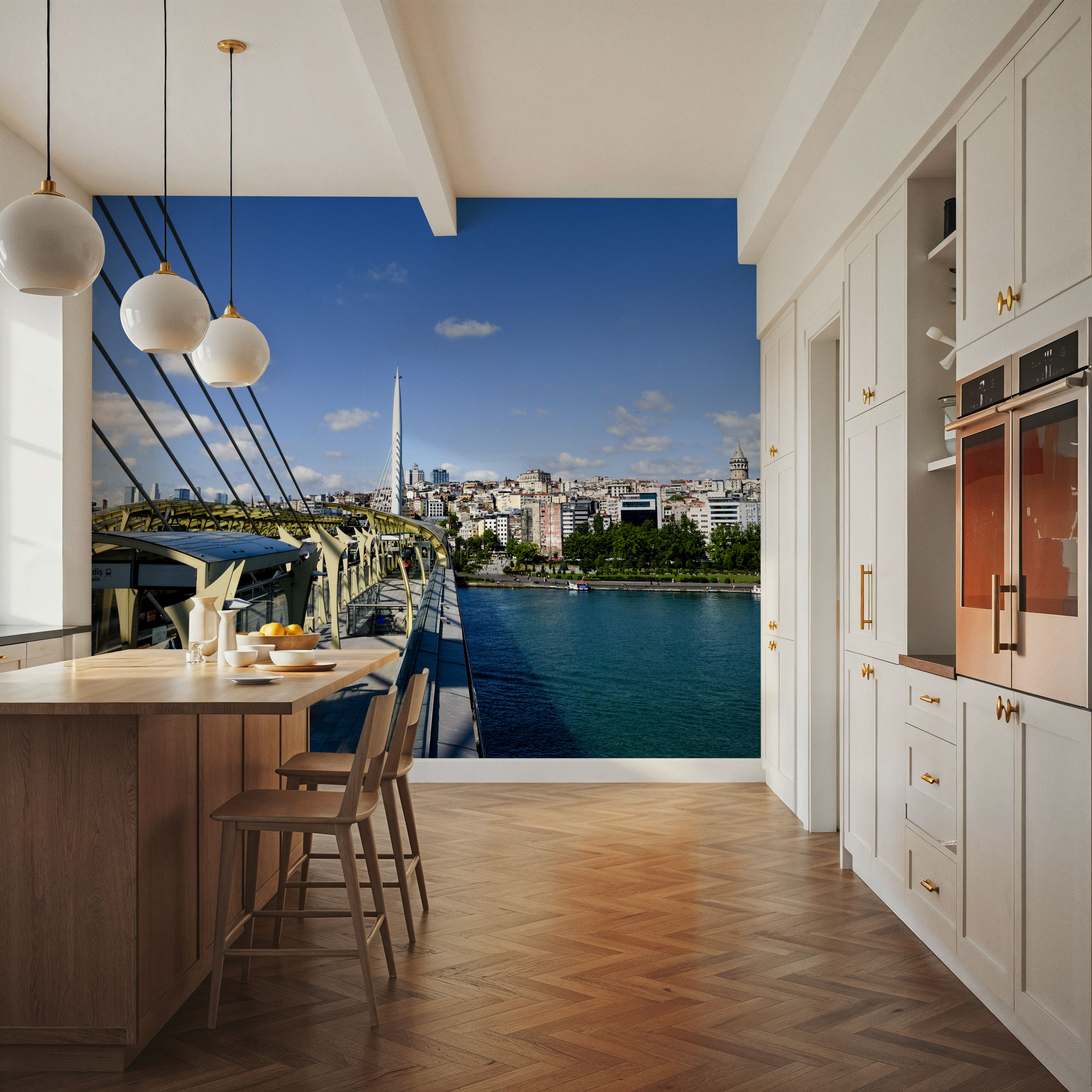 Wall Mural - Urban Bridge Crossing - Architecture Travel & Landmarks mural wallpaper - Blue - Dining Room - Wallism US