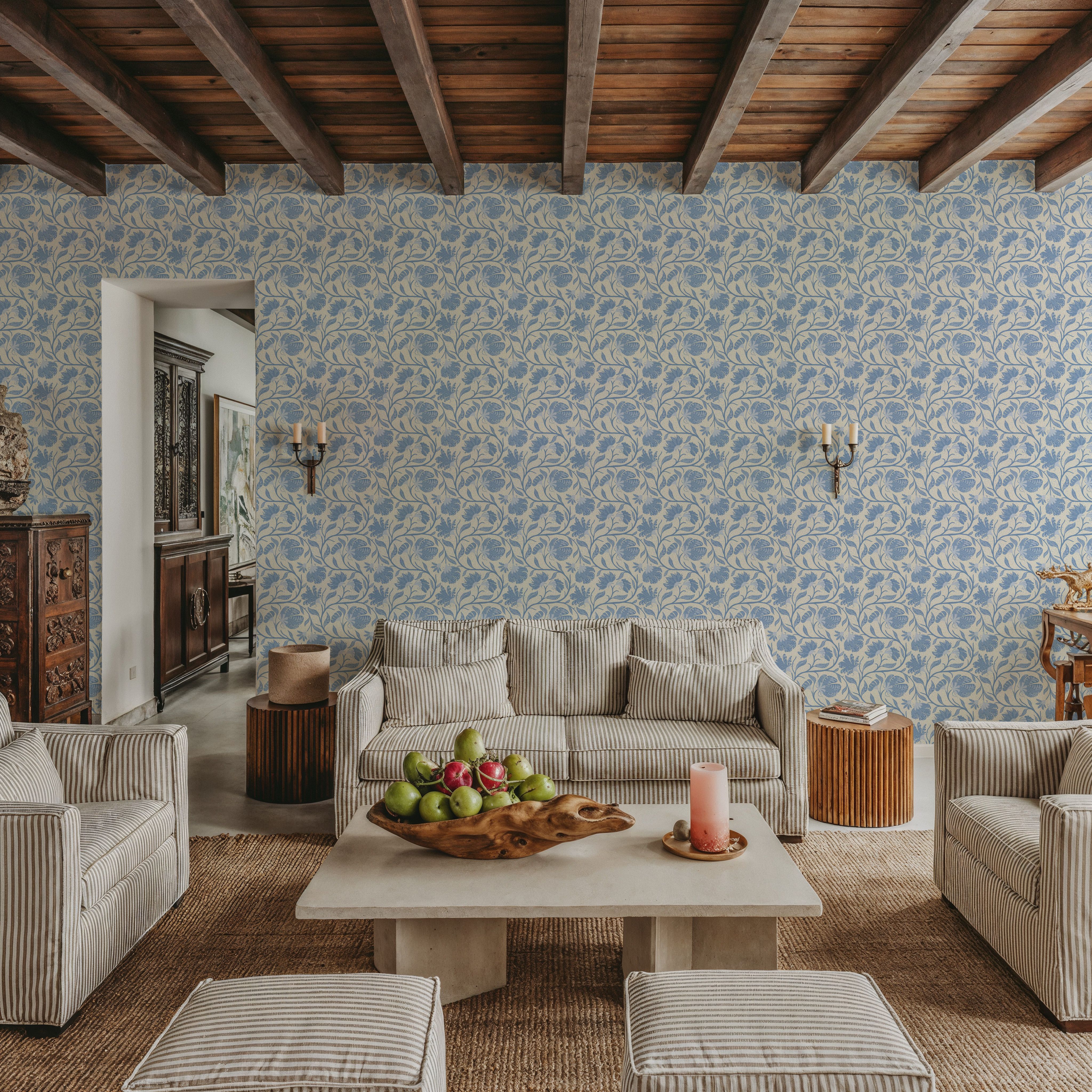 Indial Floral, Baby Blue on Cream