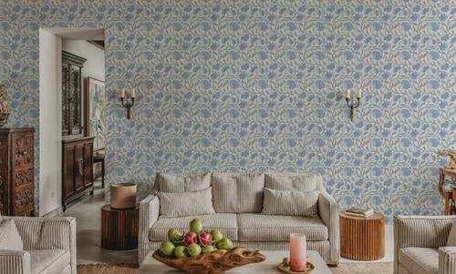 Indial Floral, Baby Blue on Cream