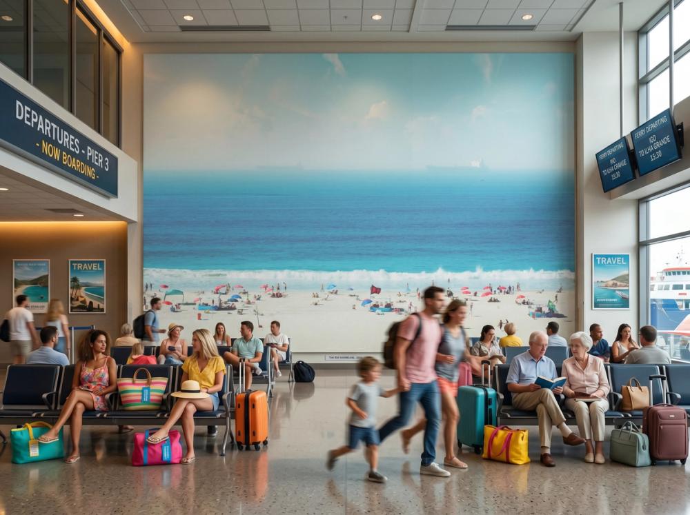 an interior photo of a ferry station with a beach horizon wall mural on the main wall