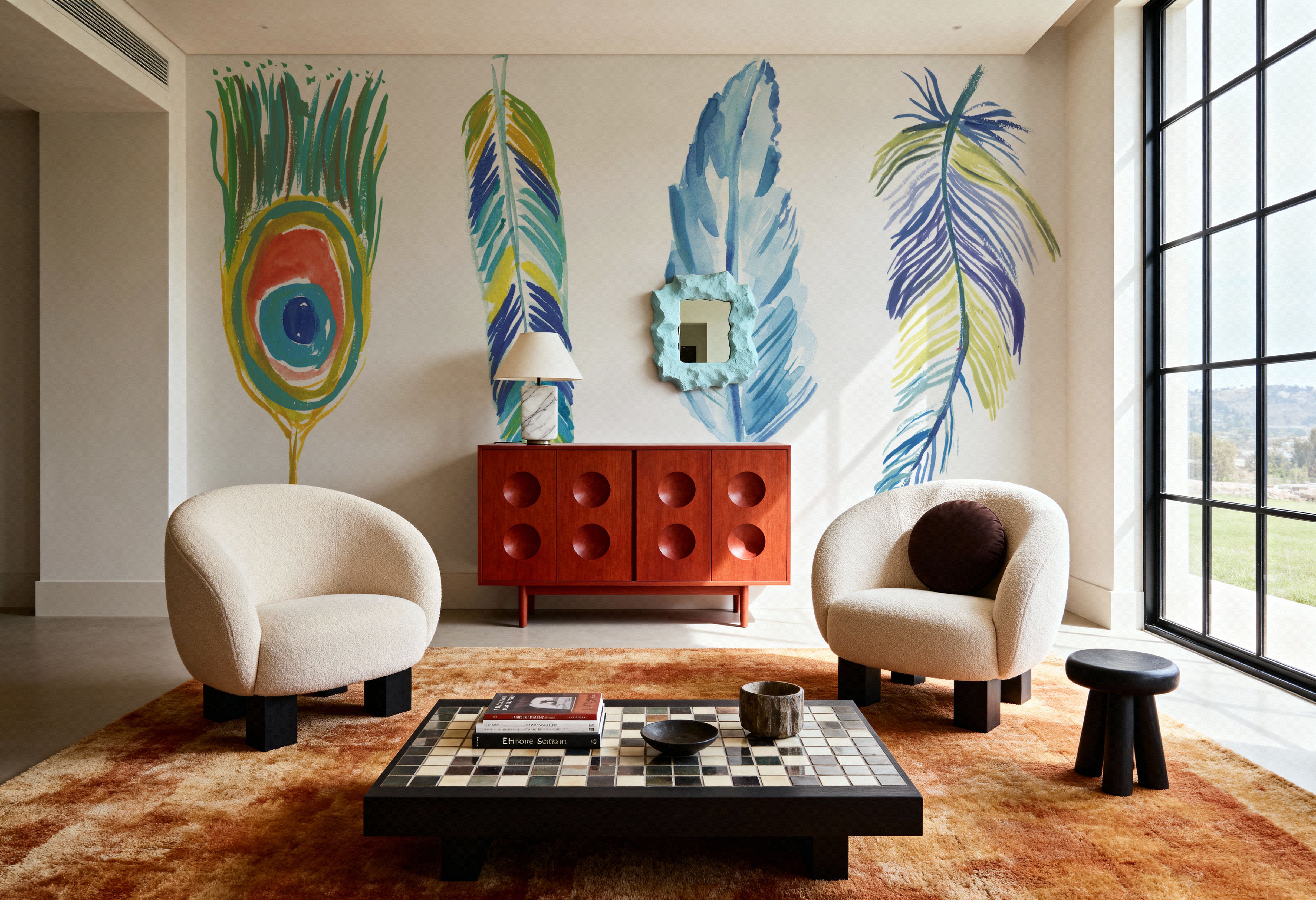 Wall Mural - Rainbow Feathers I - Birds Graphics mural wallpaper - Hallway staircases - Wallism US - Premium, Textured or Peel & Stick