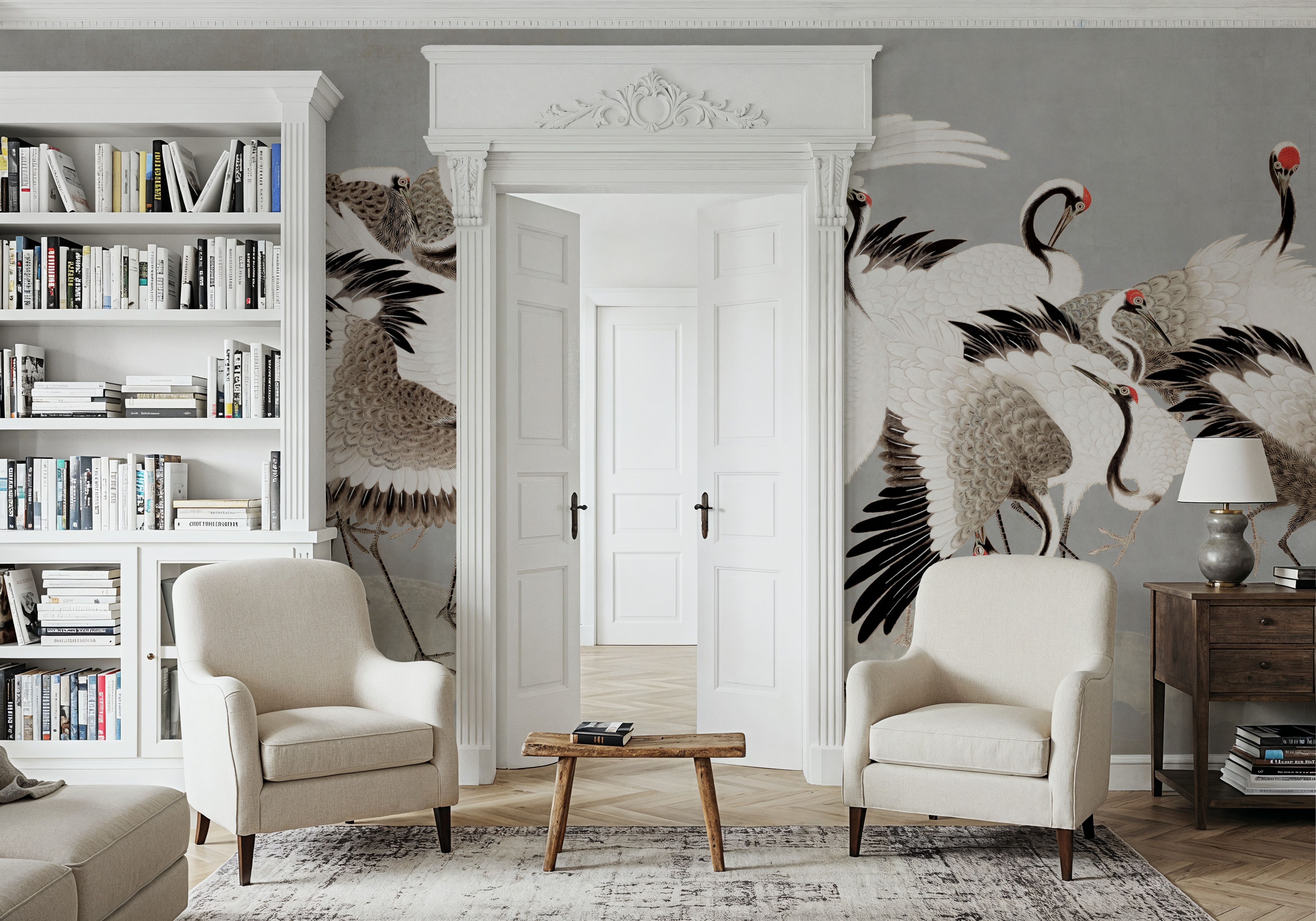 Japanese Flock of Cranes, Pewter, Carte da parati