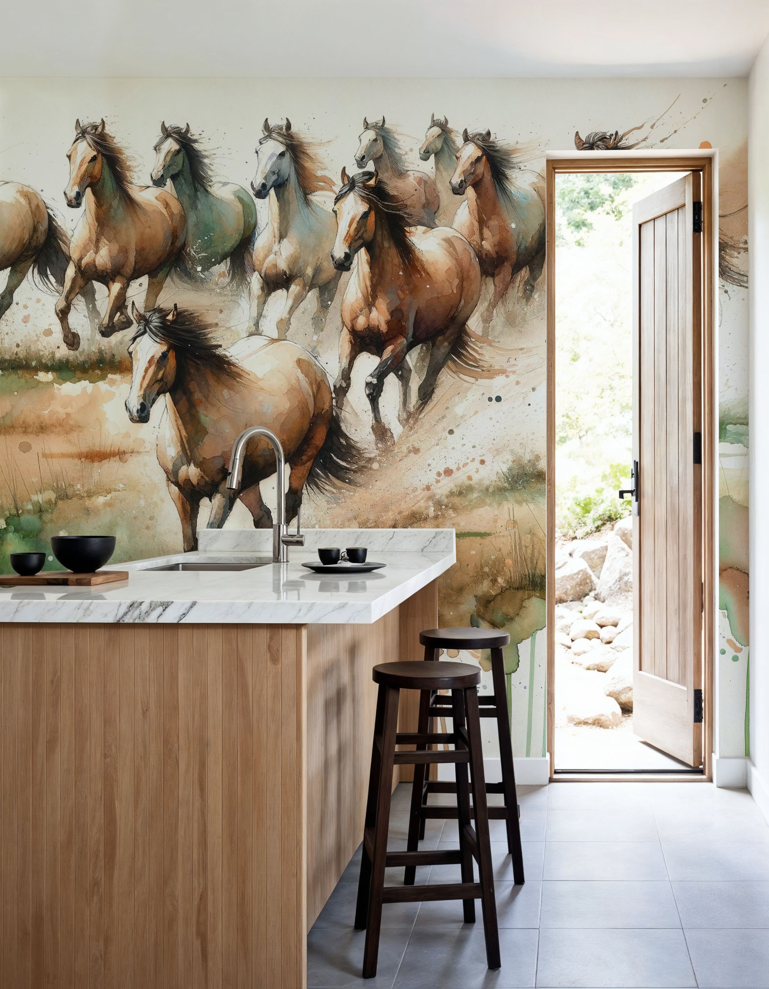 Horses Galloping Field Watercolor