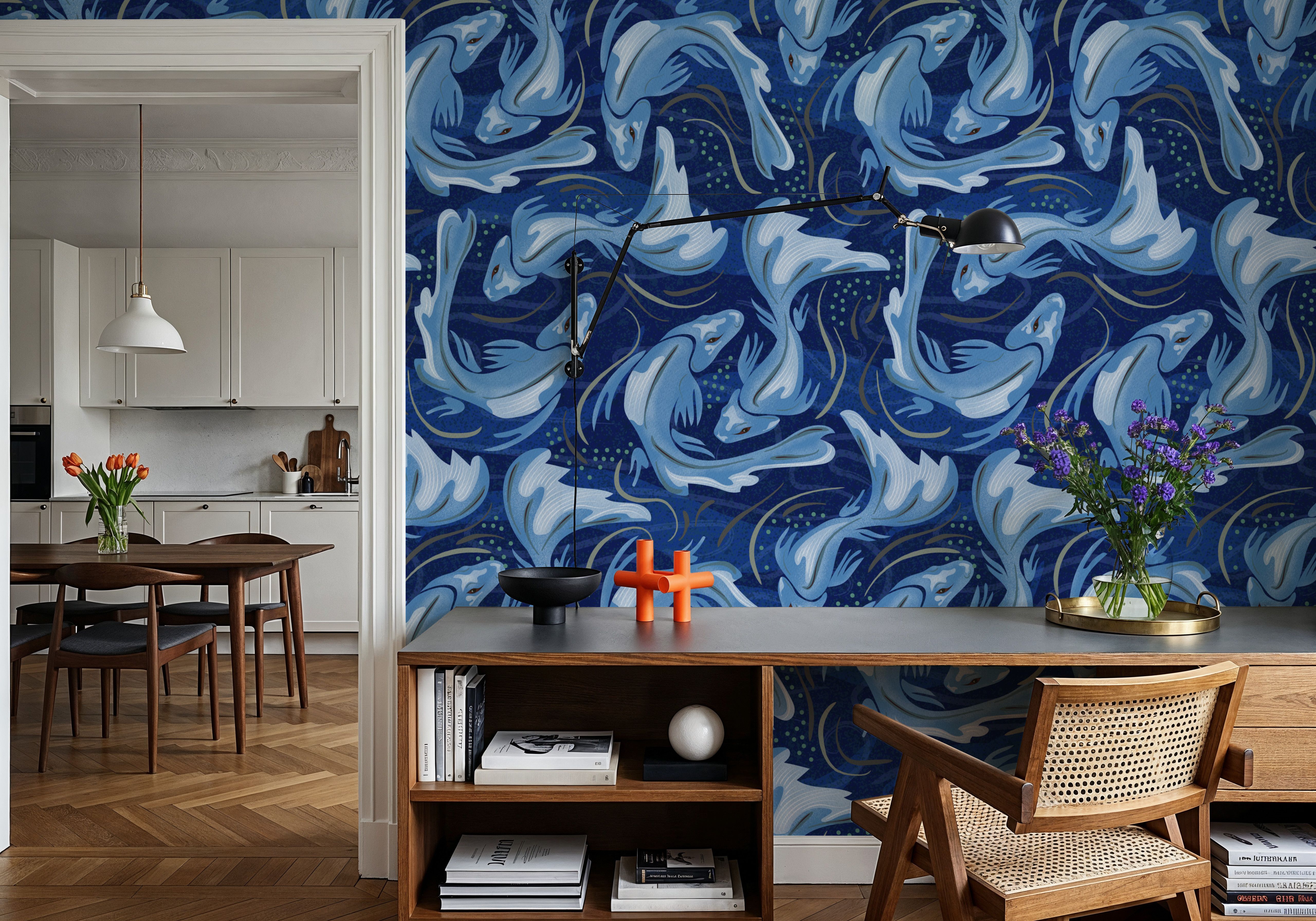 Koi Fish, Denim, Wallpaper