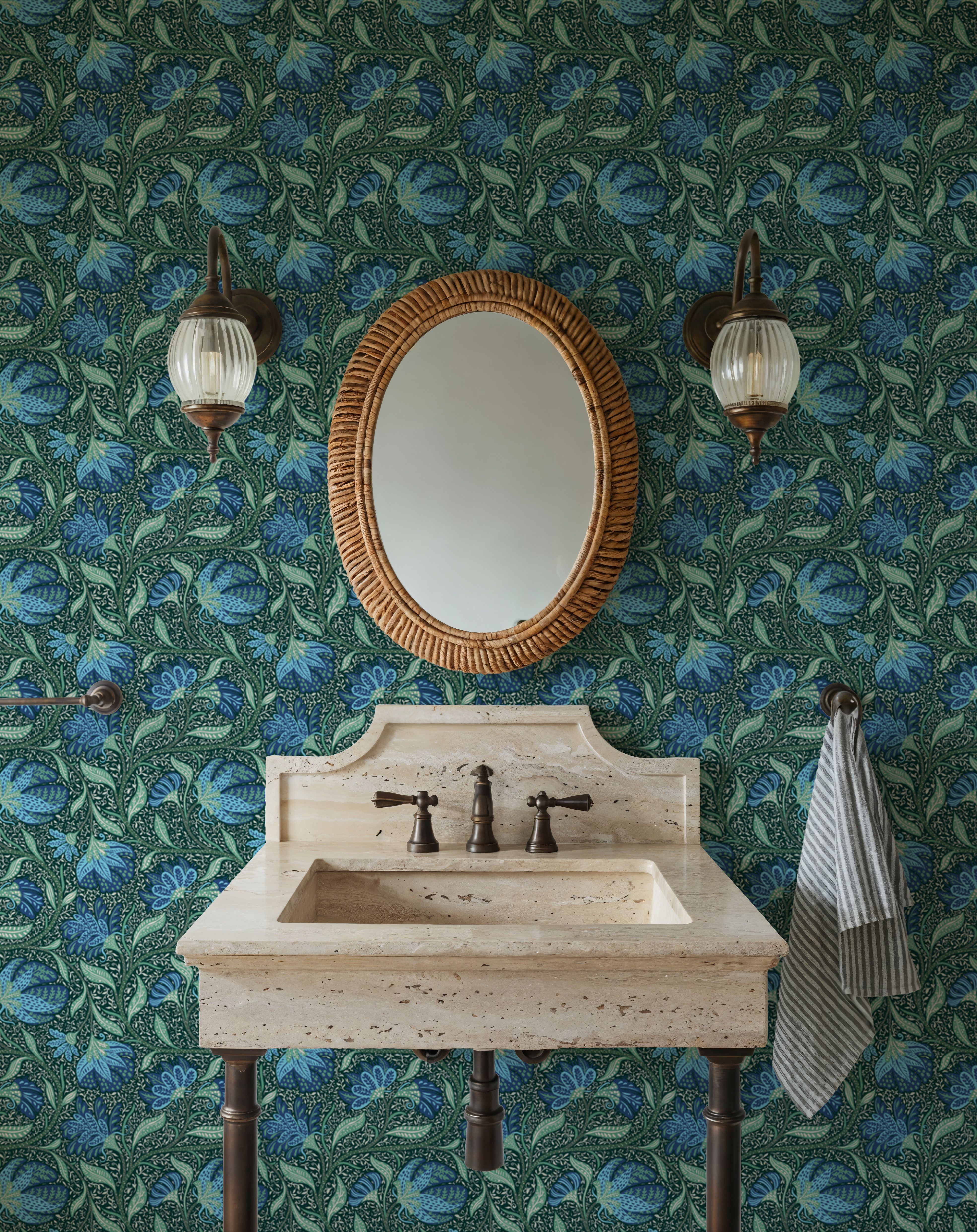 Indial Floral, Teal on Forest