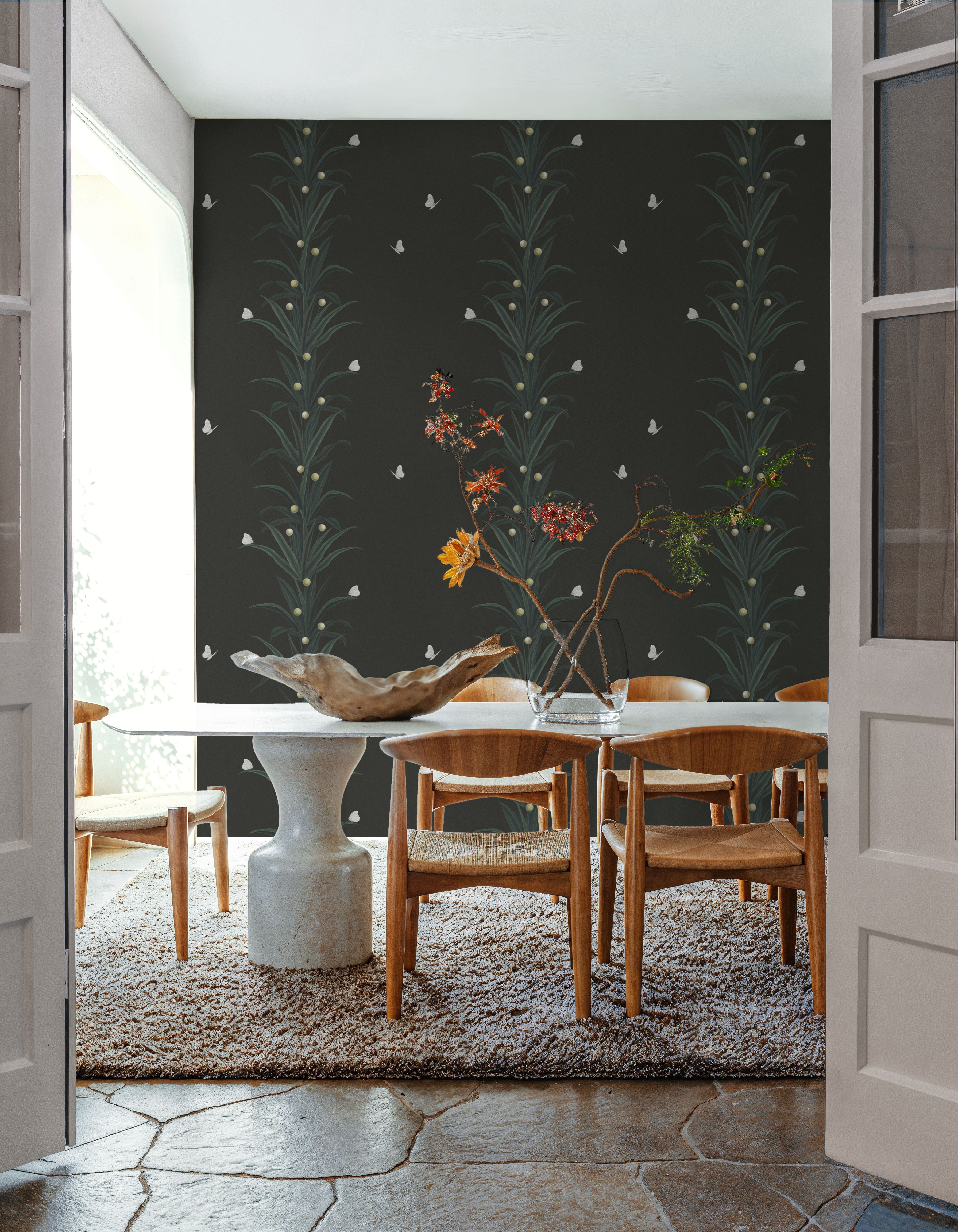 Foliage & Butterflies - Slate, Wallpaper