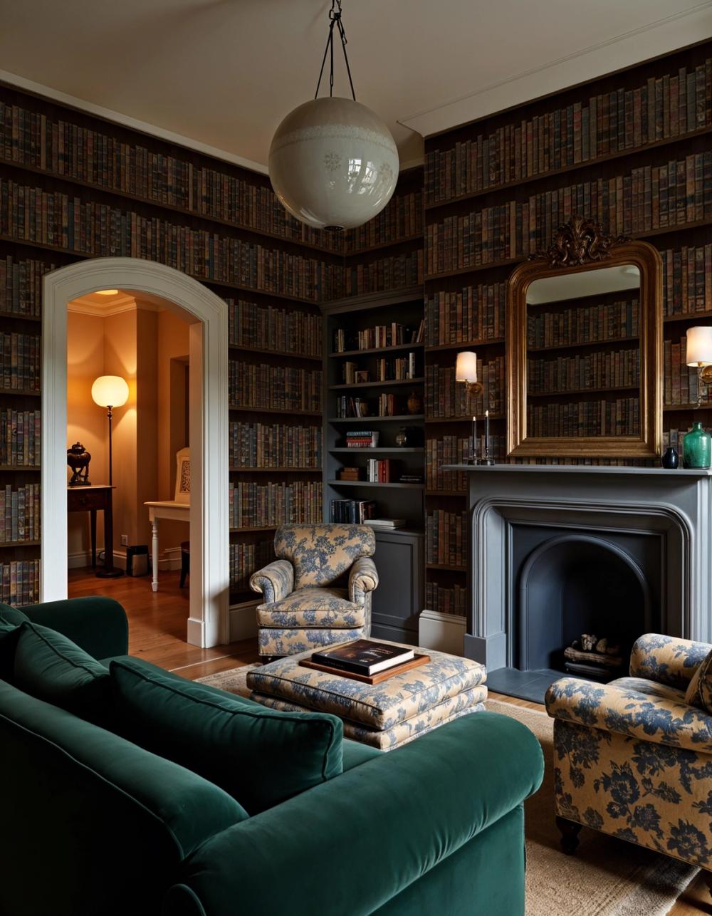 a photo of a library room with book themed wallpaper
