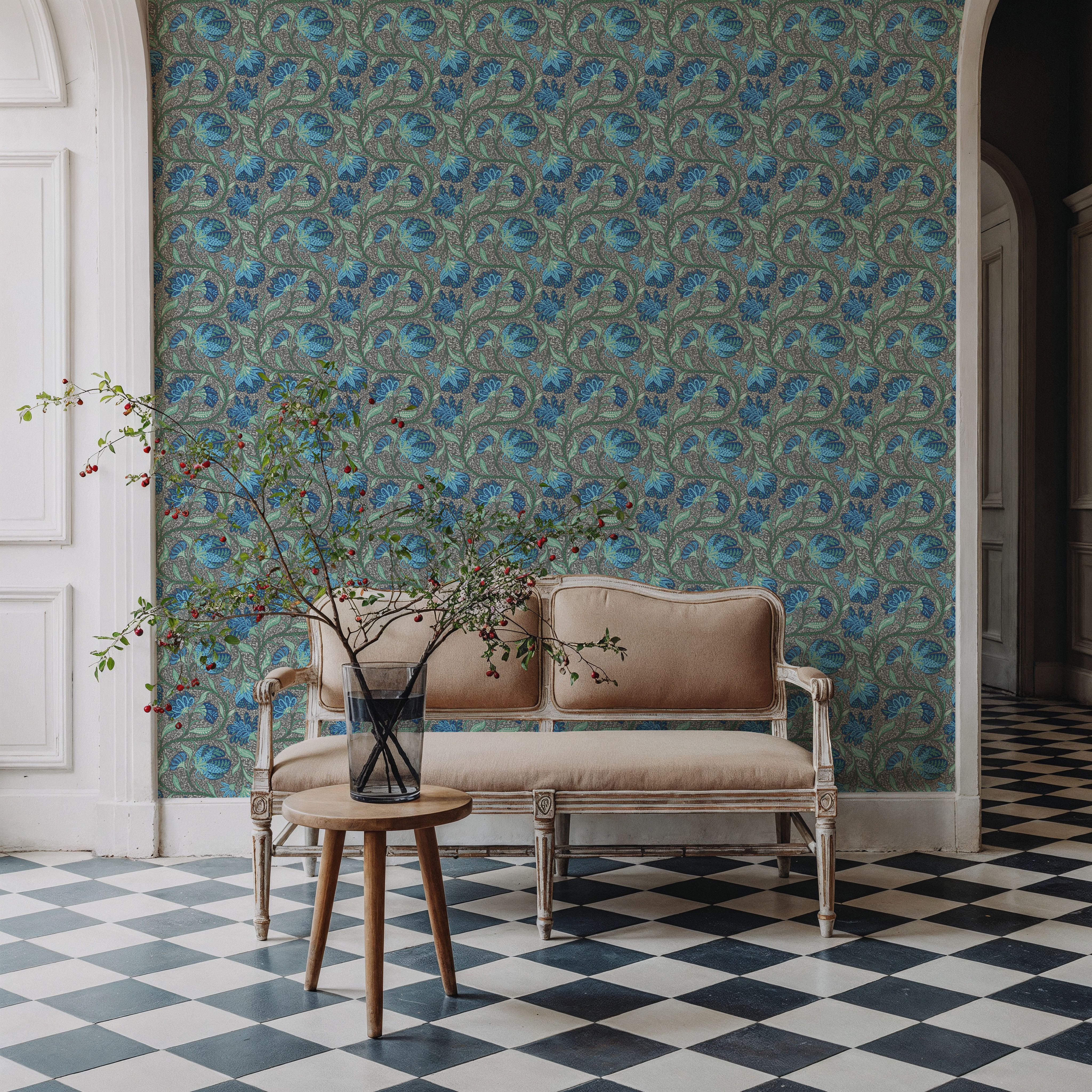 Indial Floral, Teal on Slate