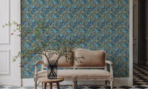 Indial Floral, Teal on Slate