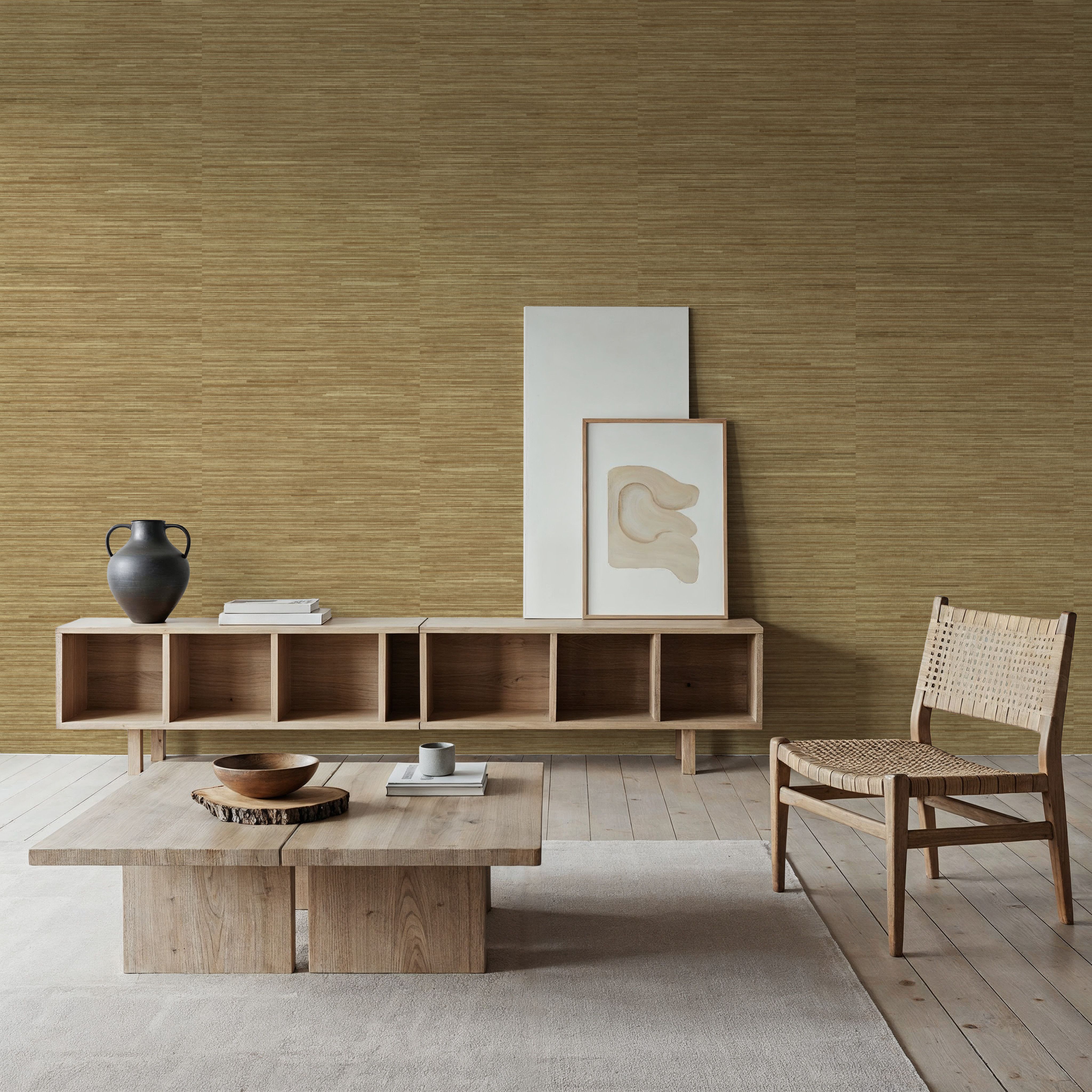 Faux Grasscloth with Visible Seams, Ochre
