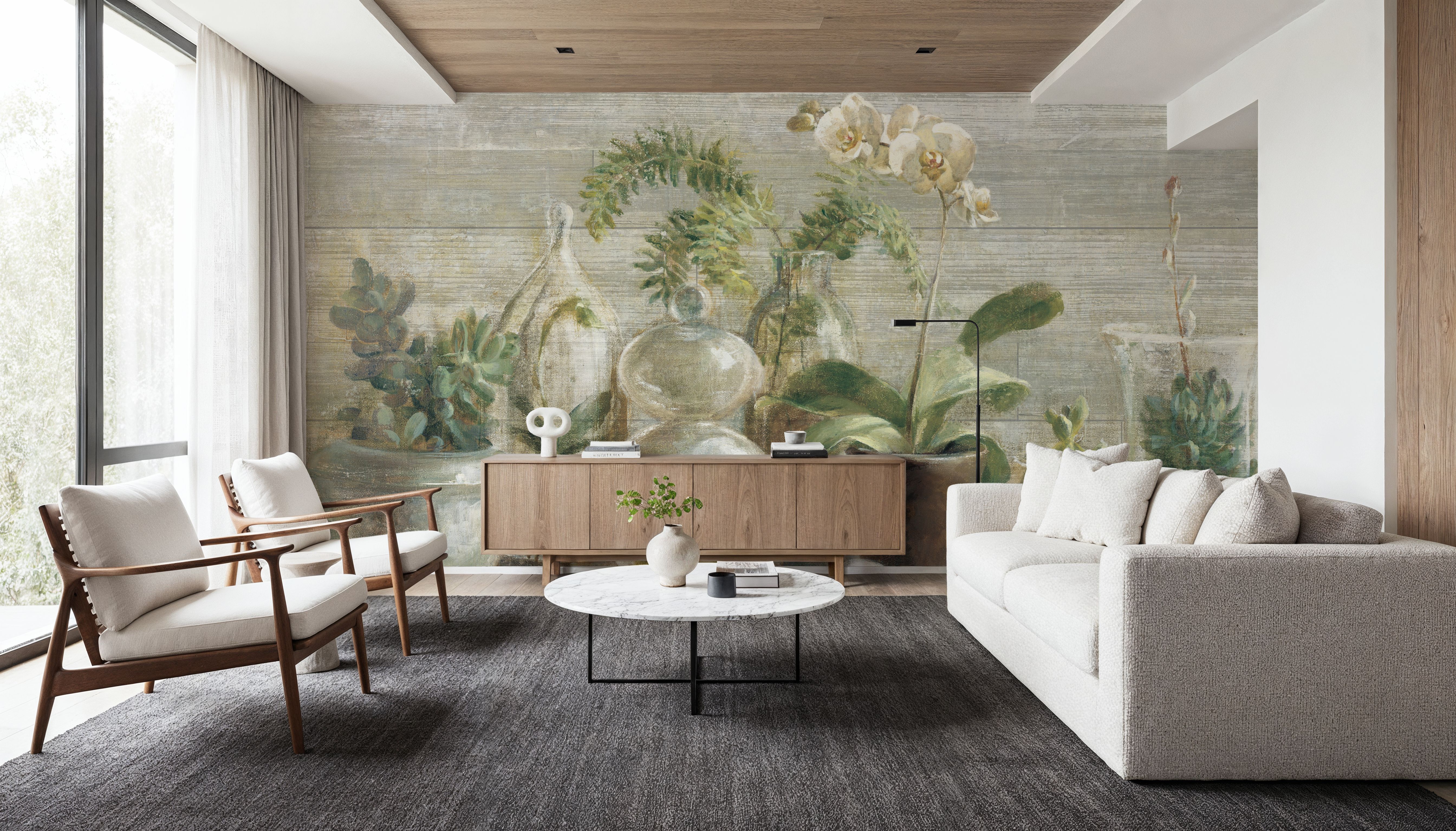 Greenhouse Orchids on Wood, Wallpaper