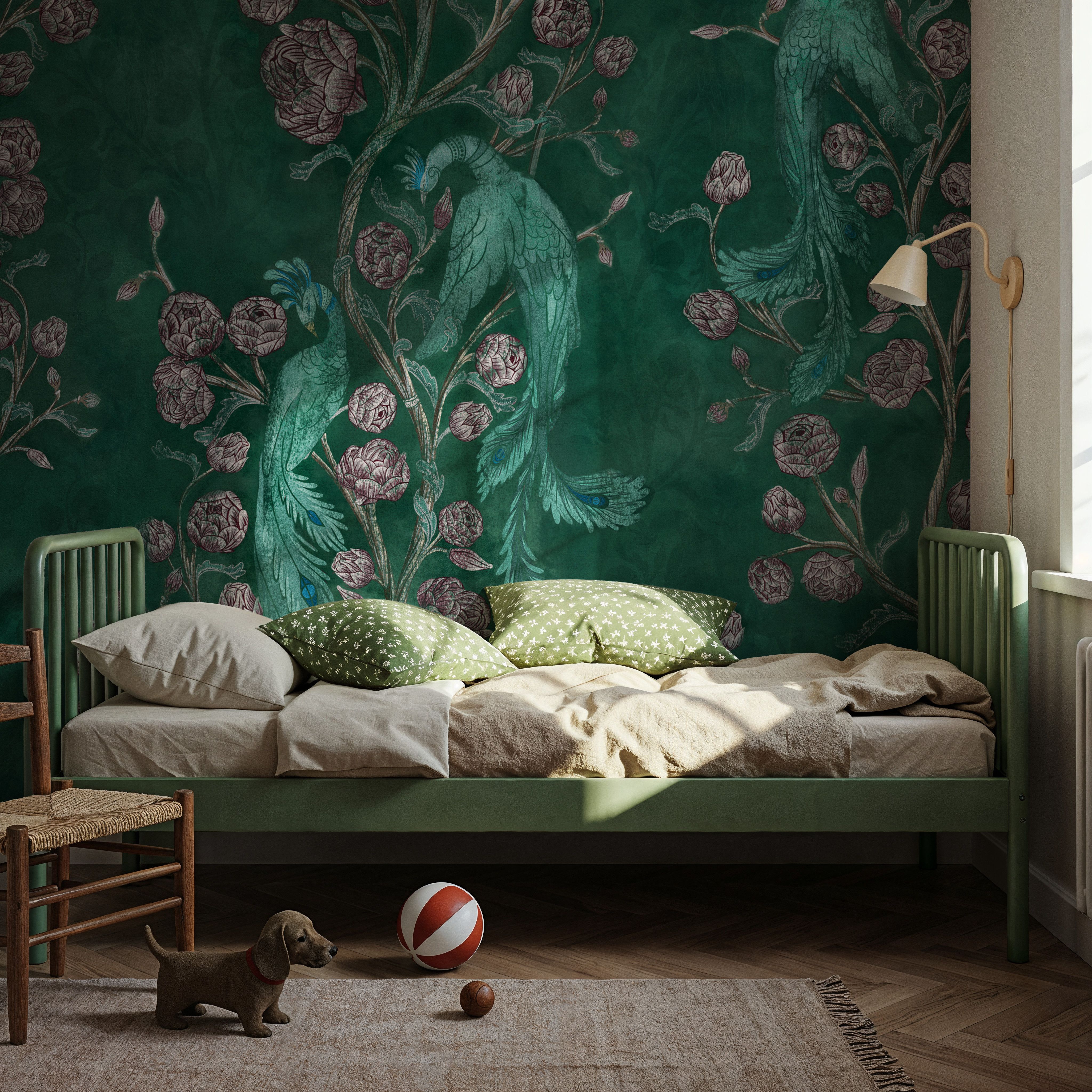 Peacock and Peony Chinoiserie Bottle Green