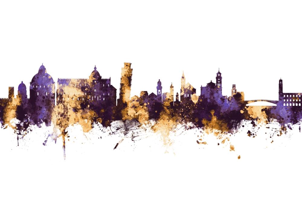 Pisa Italy Skyline Purple & Gold
