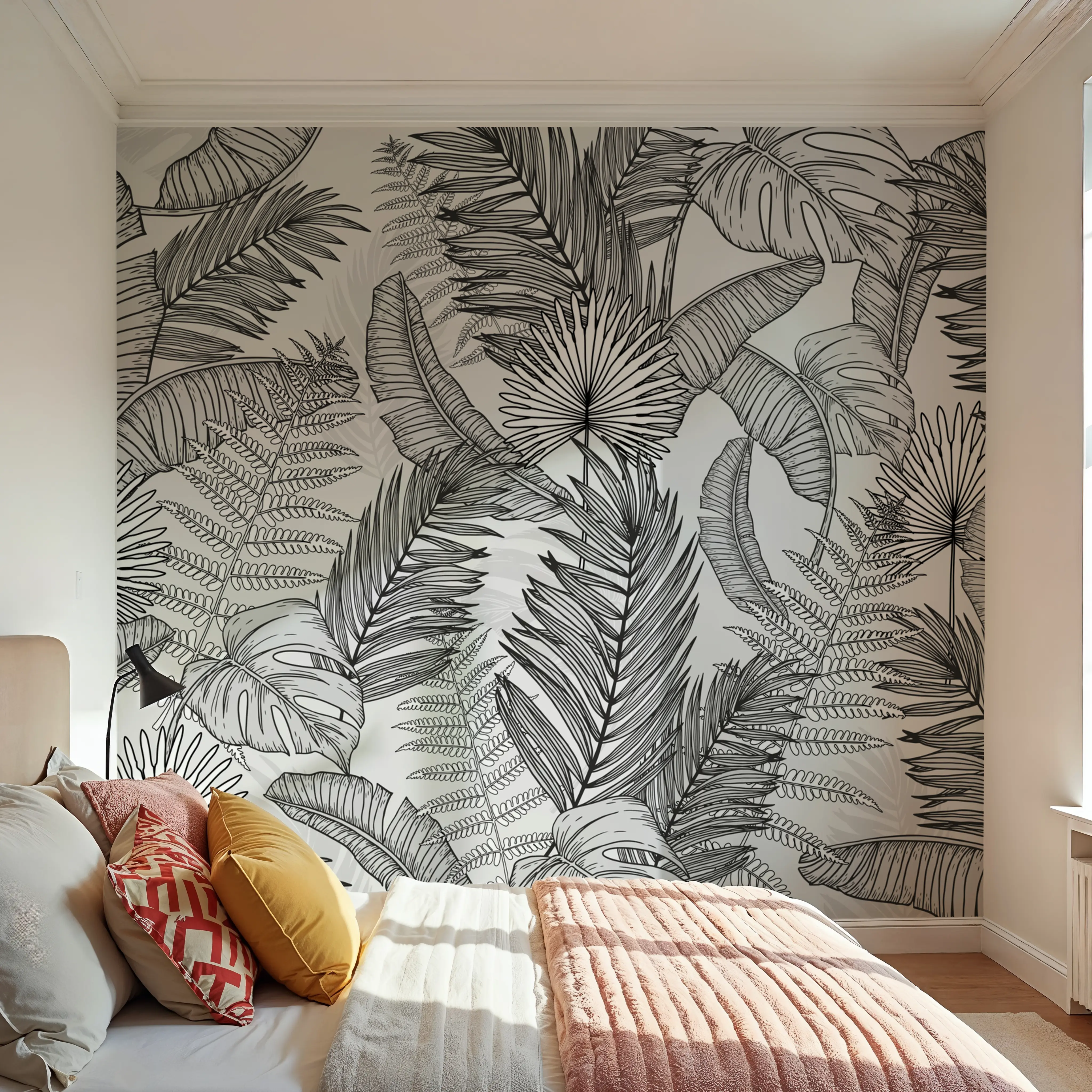 Wall Mural - Ferns White - Foliage Nature mural wallpaper - Gray - Offices - Wallism UK - Peel & Stick or Paste-the-Wall