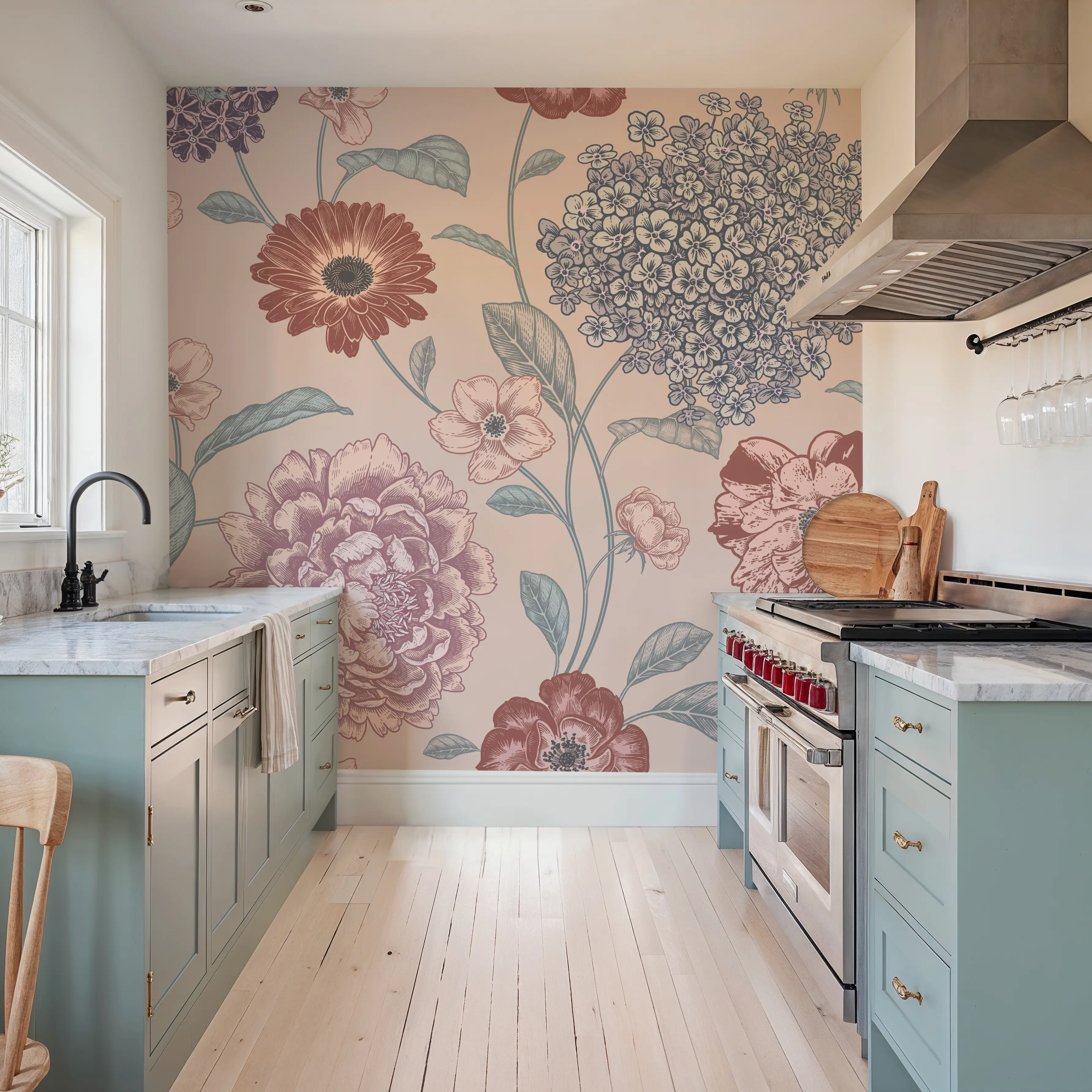 Wall Mural - Victorian Flowers - Chintz Nature mural wallpaper - Pink - Dining Room - Wallism UK - Peel & Stick or Paste-the-Wall