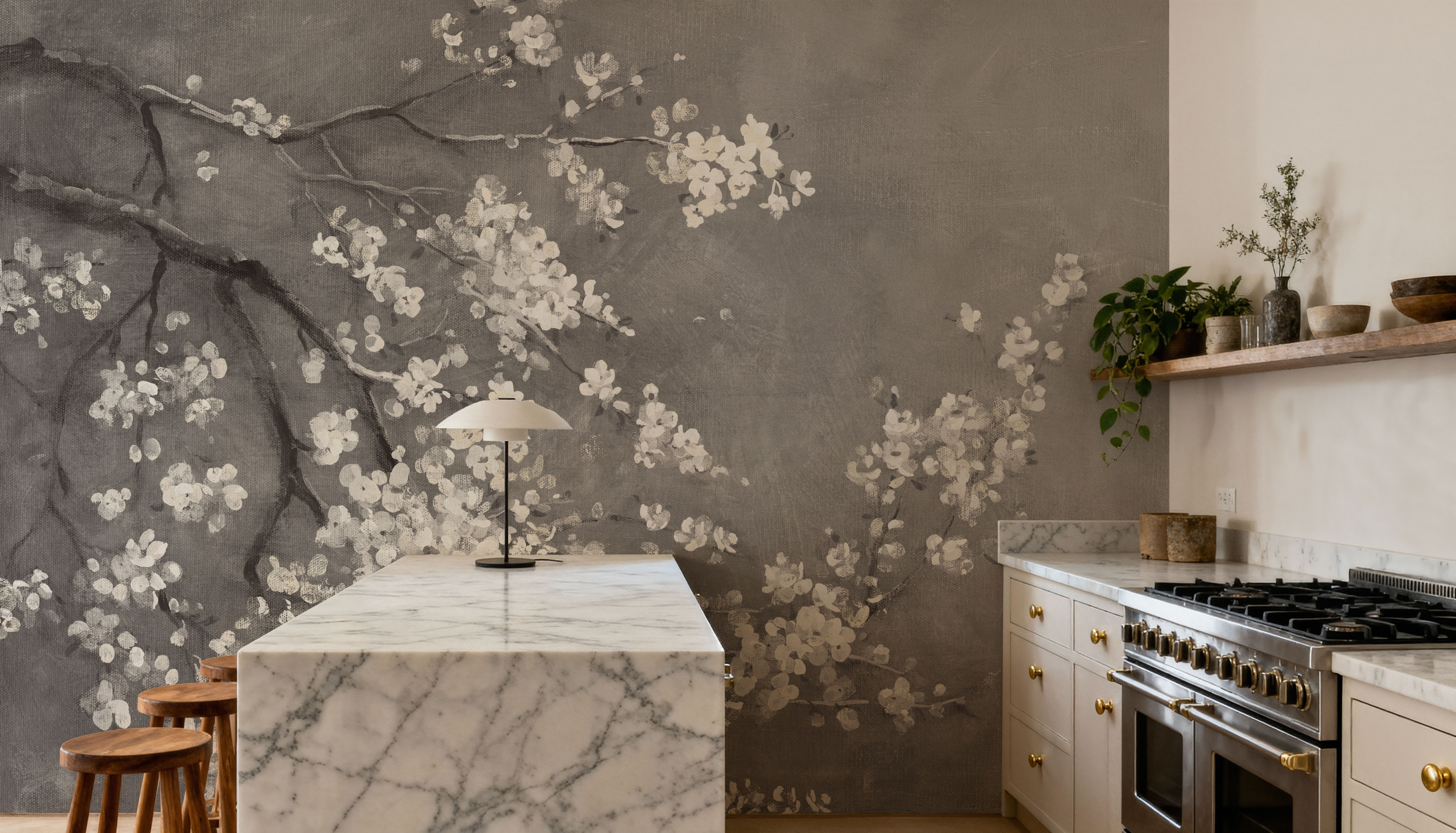 White Cherry Blossoms I on Grey
