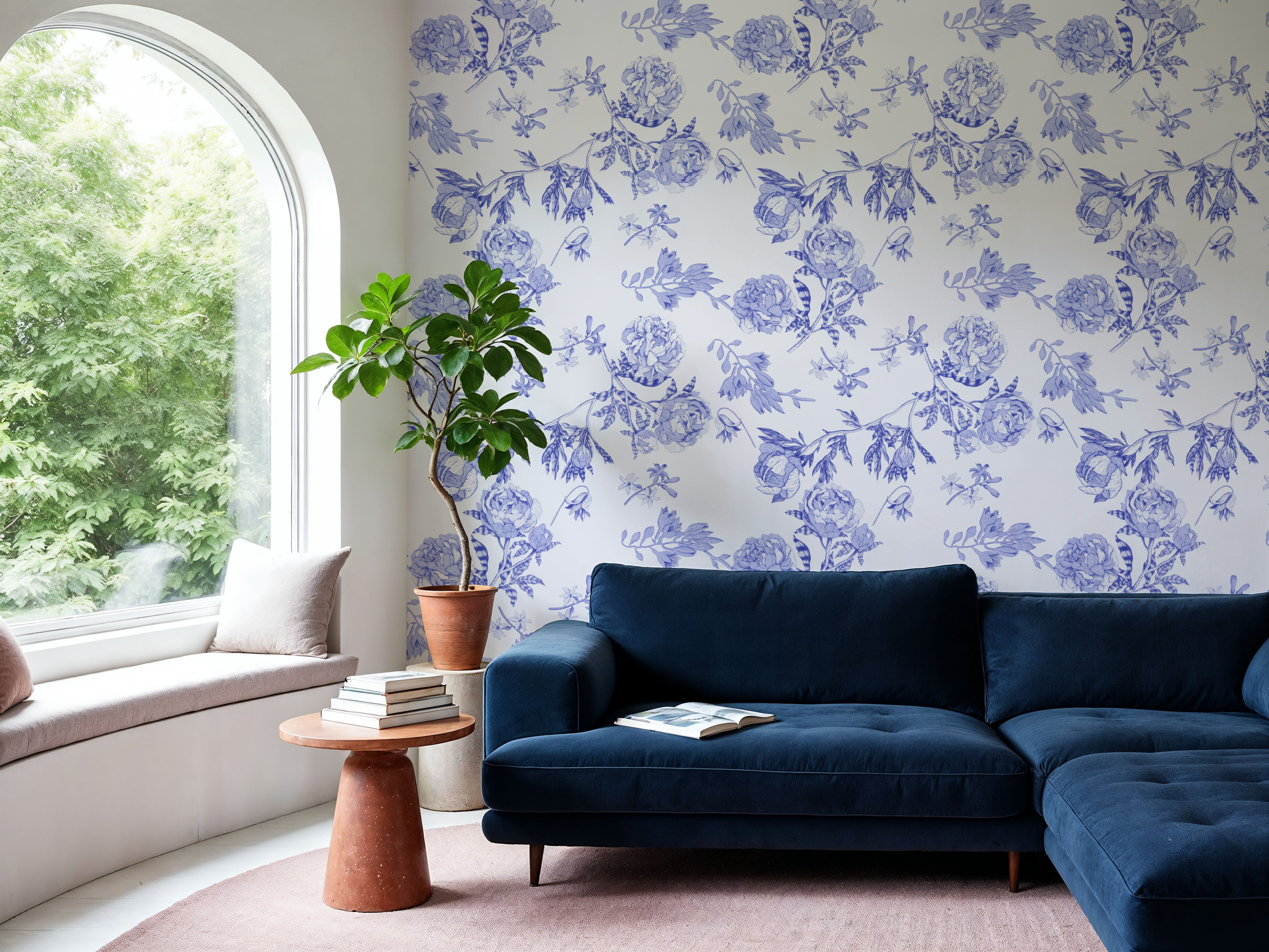 Peony Passion, Blue on White