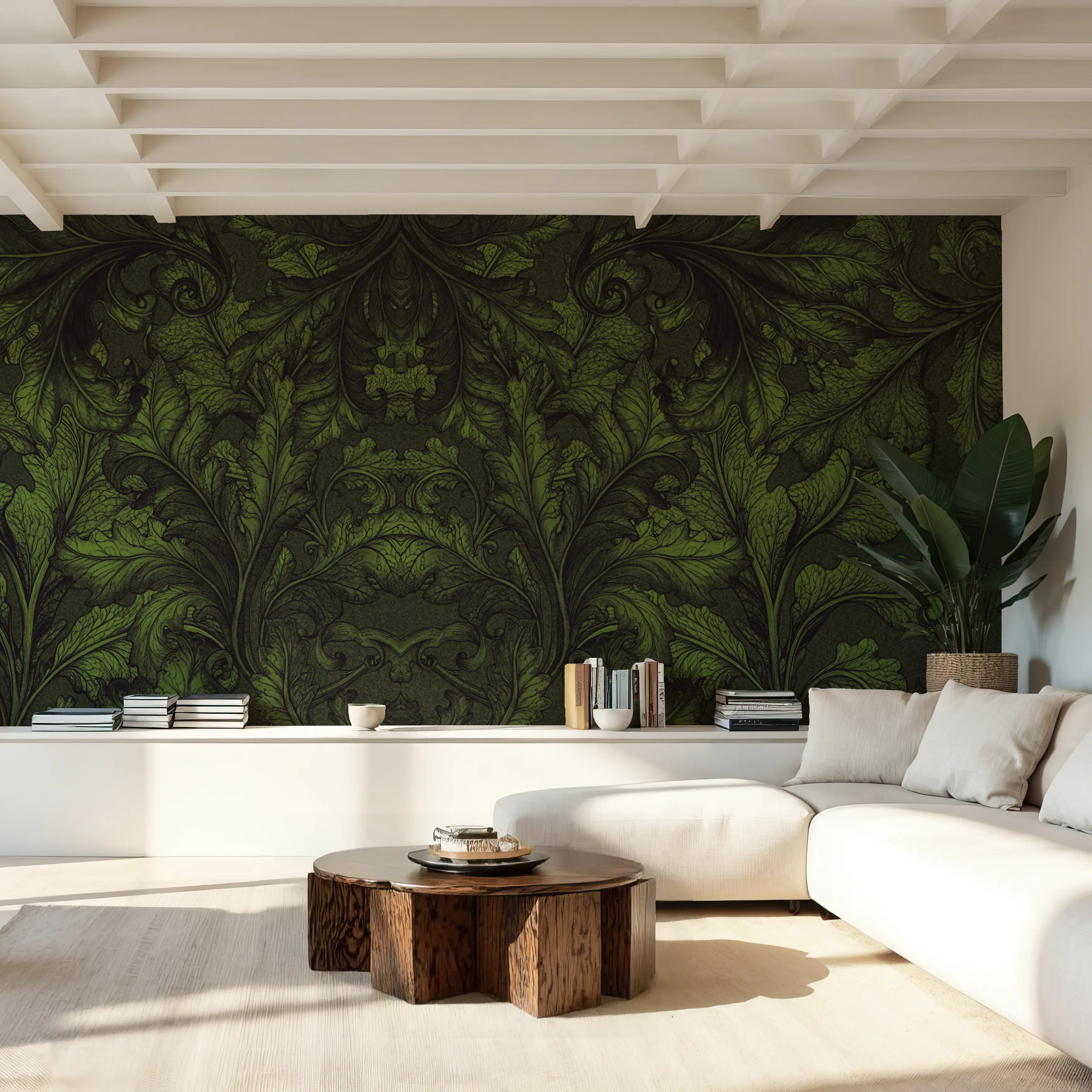 Fotobehang - Shielded Leaf Green - Damast Folk Mural - Groen - Slaapkamers - Wallism België - Zelfklevend of Vliesbehang