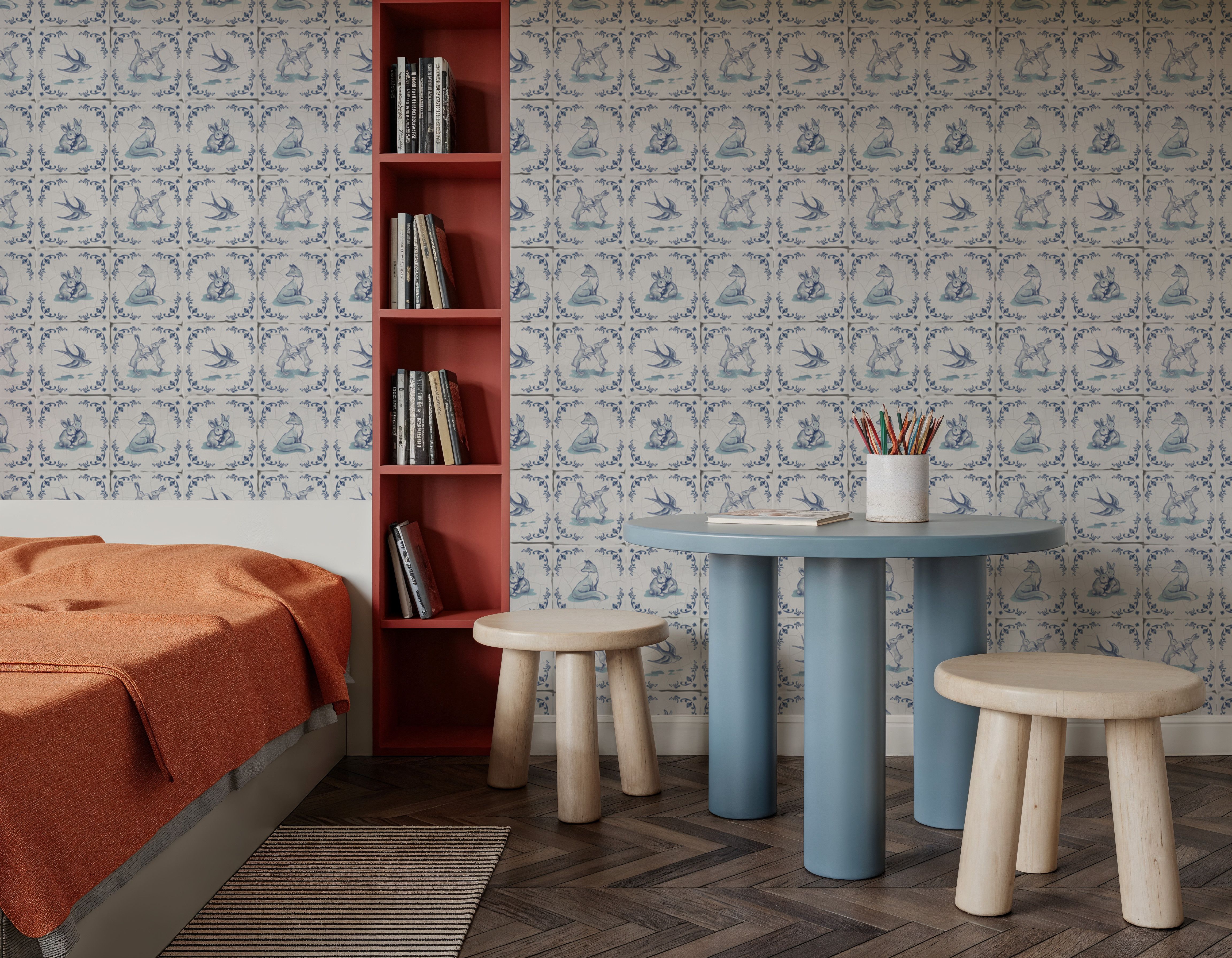 Forest Animals Telft, Tiles, Blue