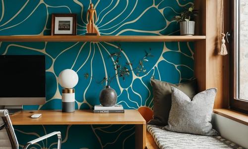 Cool Fluid Flowers Mural, Turqouise