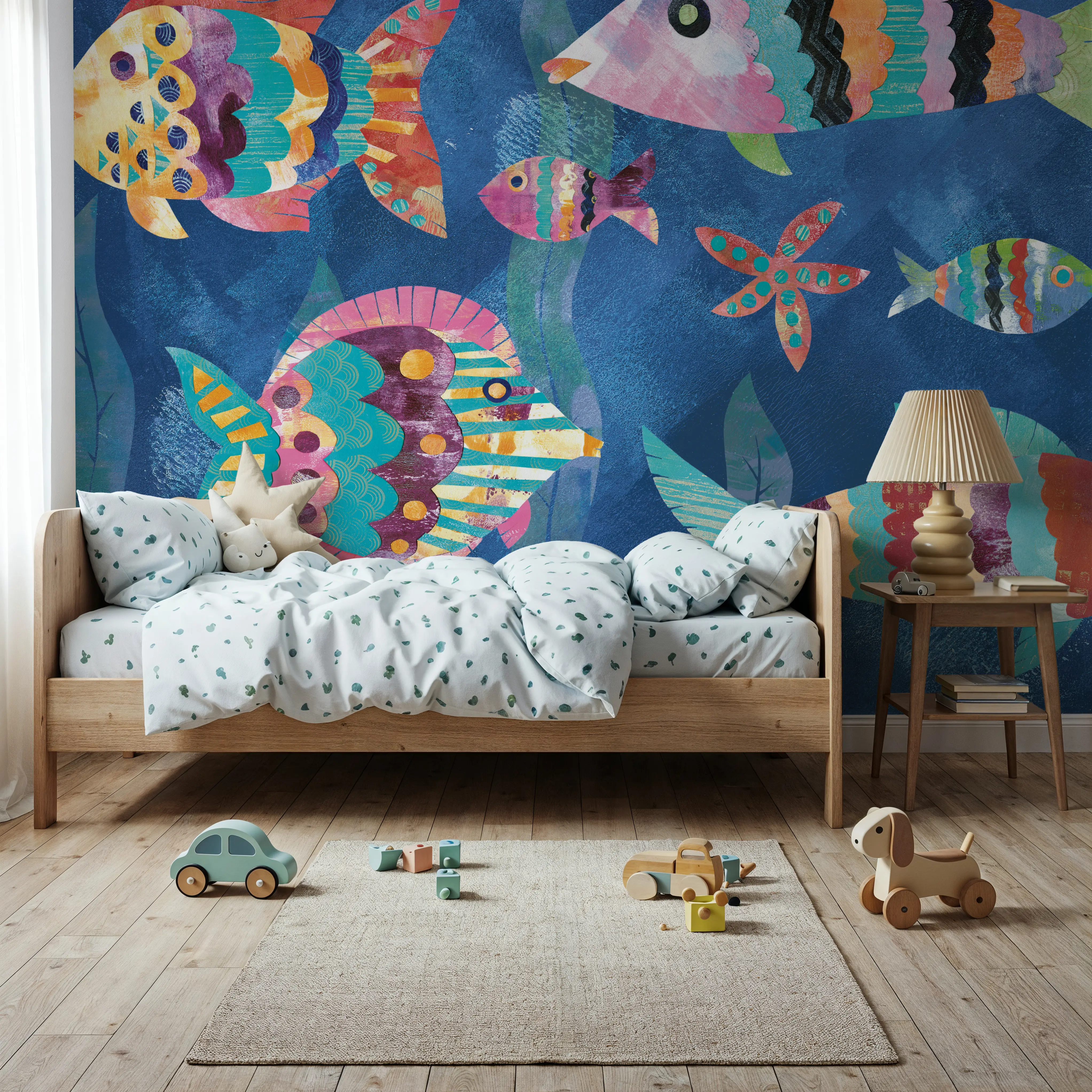 Fotobehang - Boho Reef Fish III - Grafische Kunst Landschappen Mural - Blauw - Kinderkamer - Wallism België - Zelfklevend of Vliesbehang