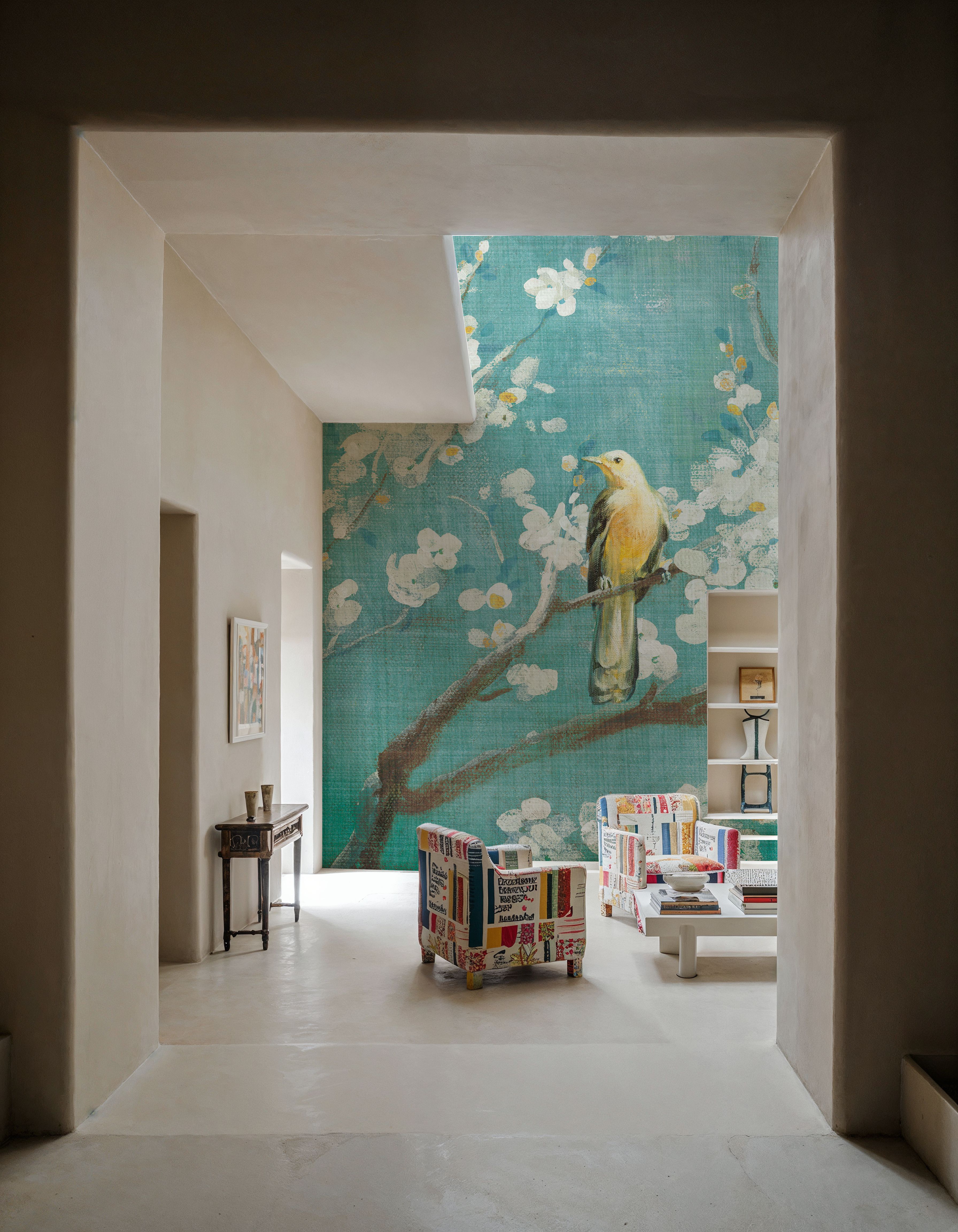 White Cherry Blossoms I on Blue Aged