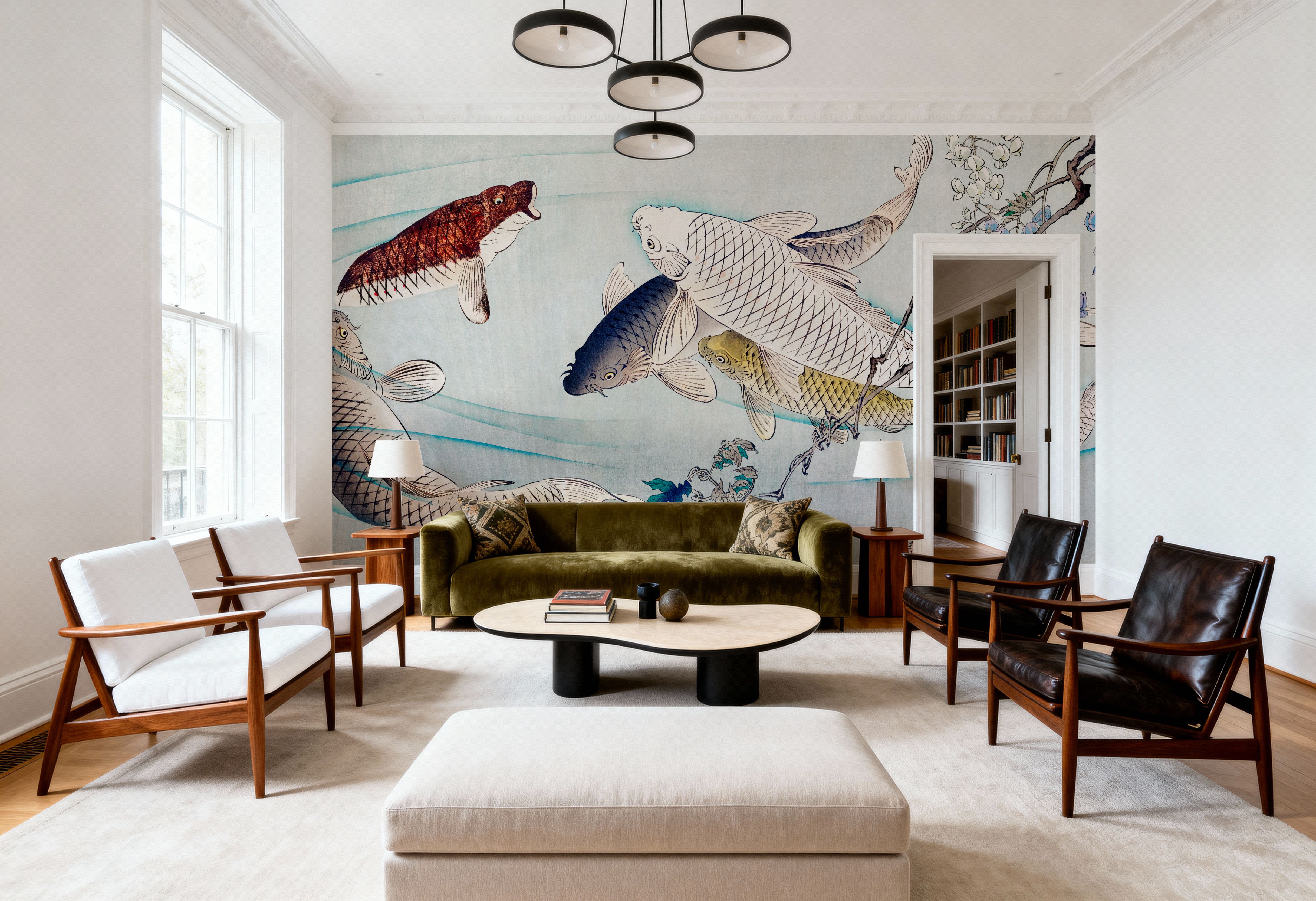 Six Carp Swimming Beneath Wisteria