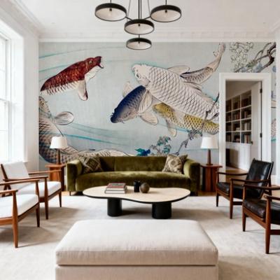 Six Carp Swimming Beneath Wisteria