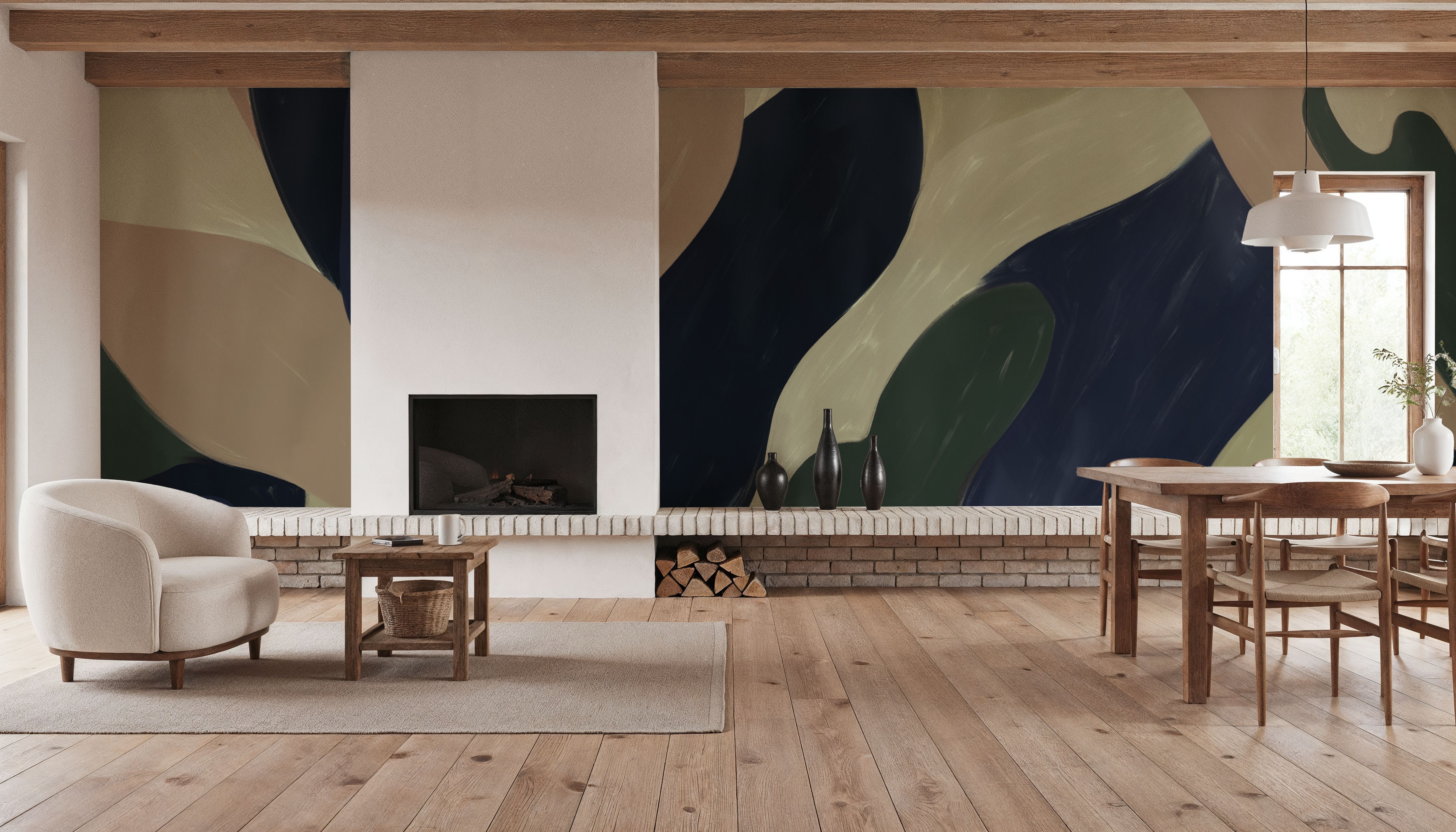 Dynamic Fields, Butter Yellow & Navy, Wallpaper