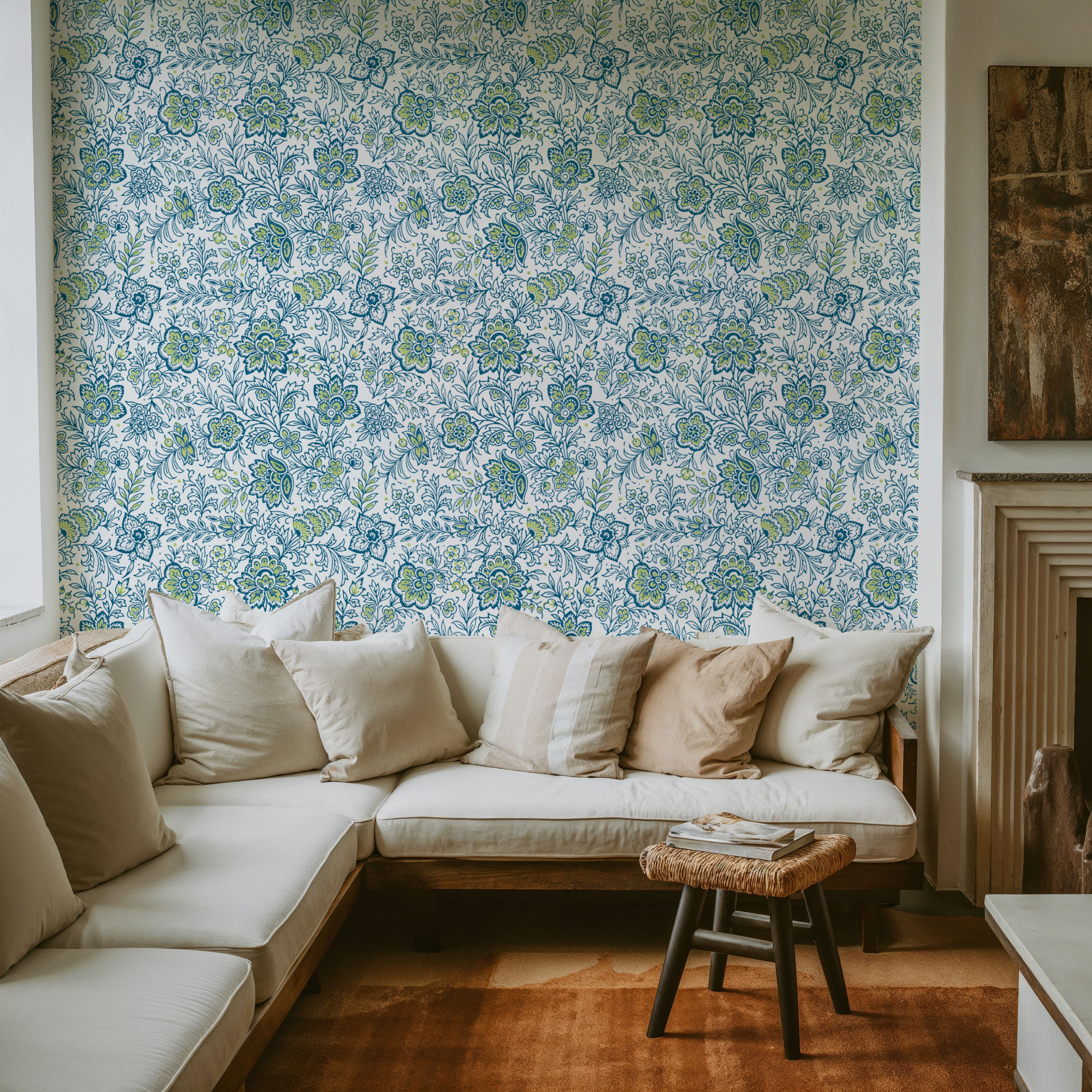 Kala Flowers Blue on White, Wallpaper