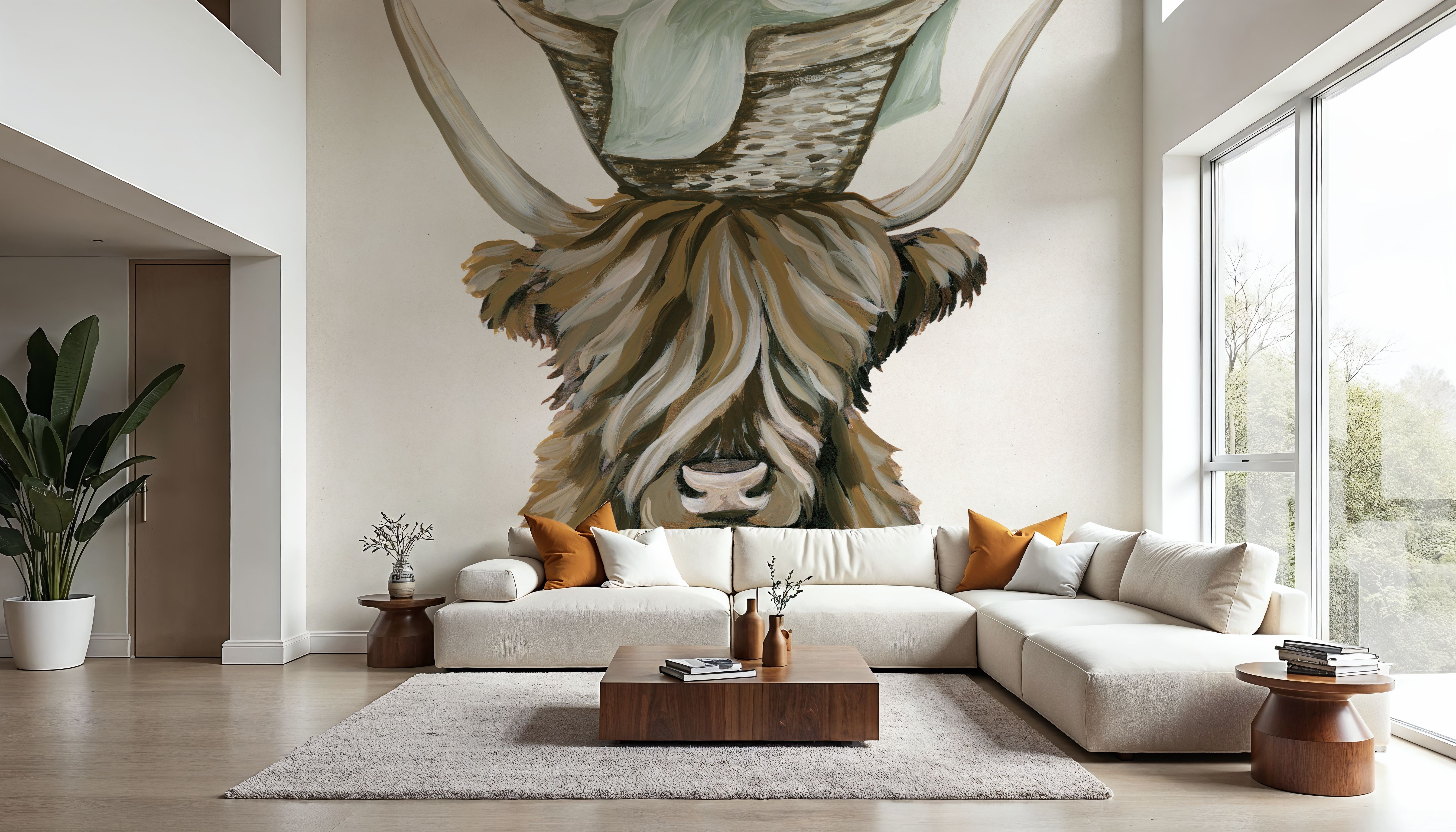 Wall Mural - Highland Cow Laundry Basket - Farm Animals mural wallpaper - Brown - Dining Room - Wallism US - Premium, Textured or Peel & Stick