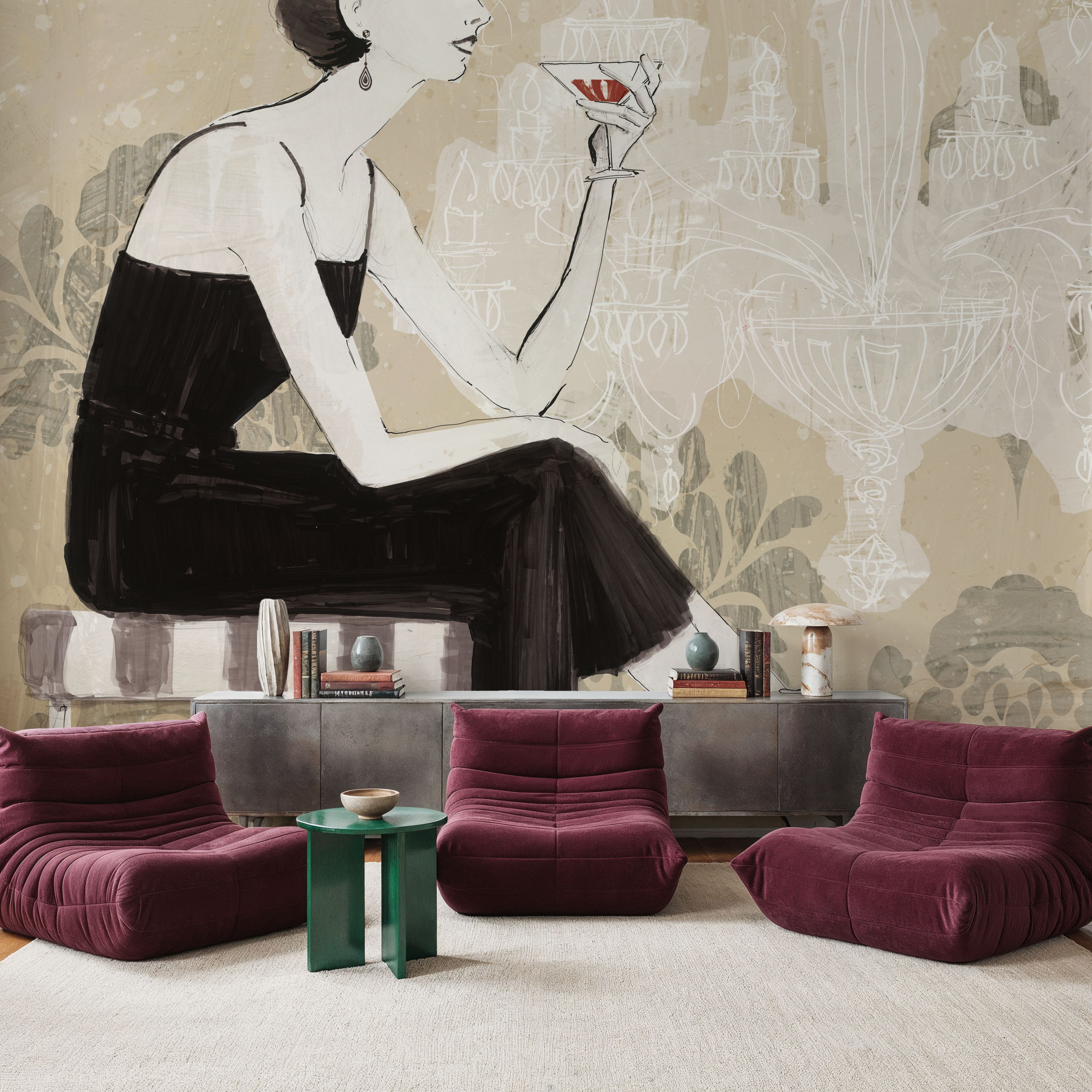 Wall Mural - Couture Lady III Cream - Damask Fashion mural wallpaper - Yellow - Bedroom - Wallism US - Premium, Textured or Peel & Stick