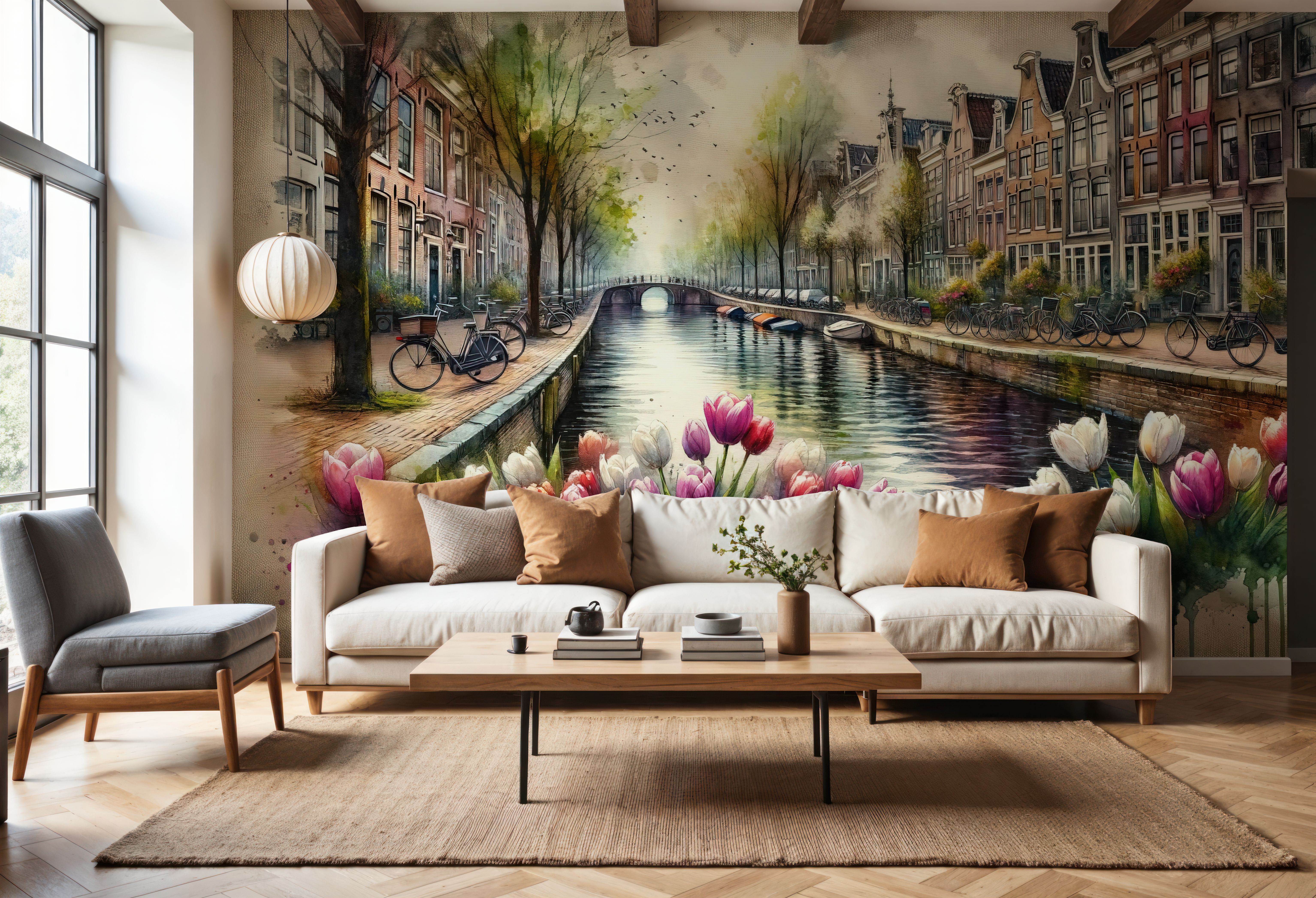 Watercolor Canal Scene Dutch Houses