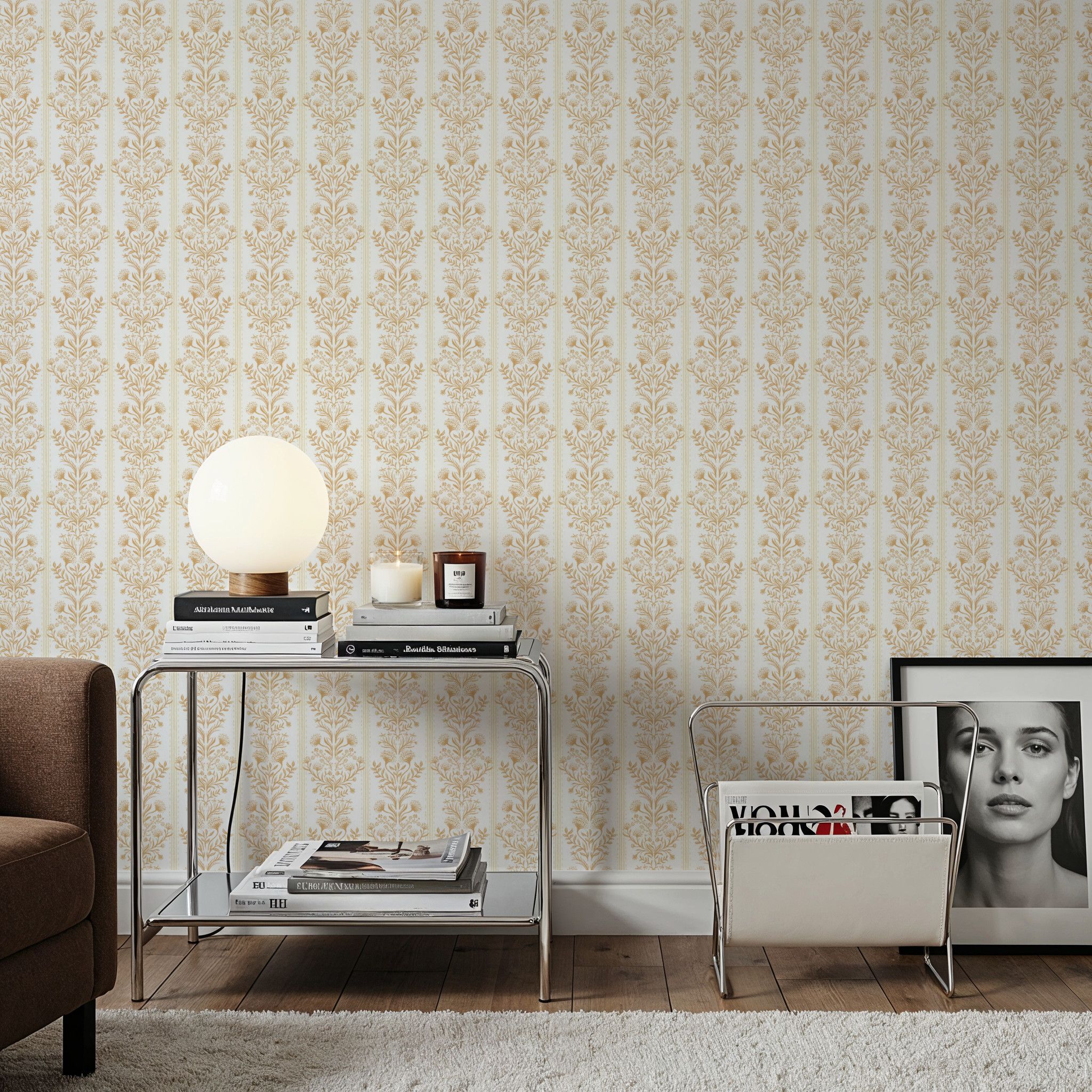 Fall Botanical Stripes, Apricot, Papier peint