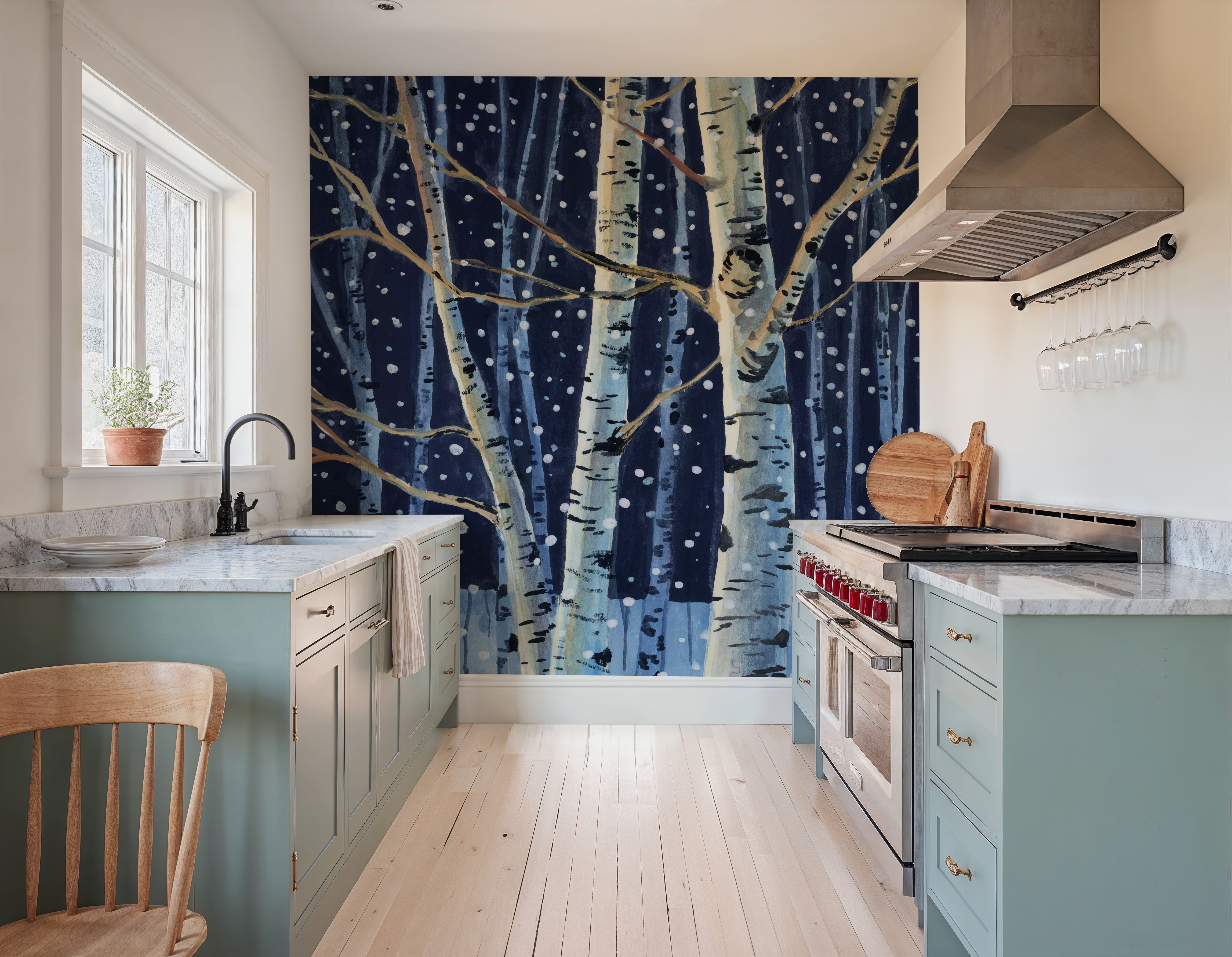 Snowy Birch Grove at Night