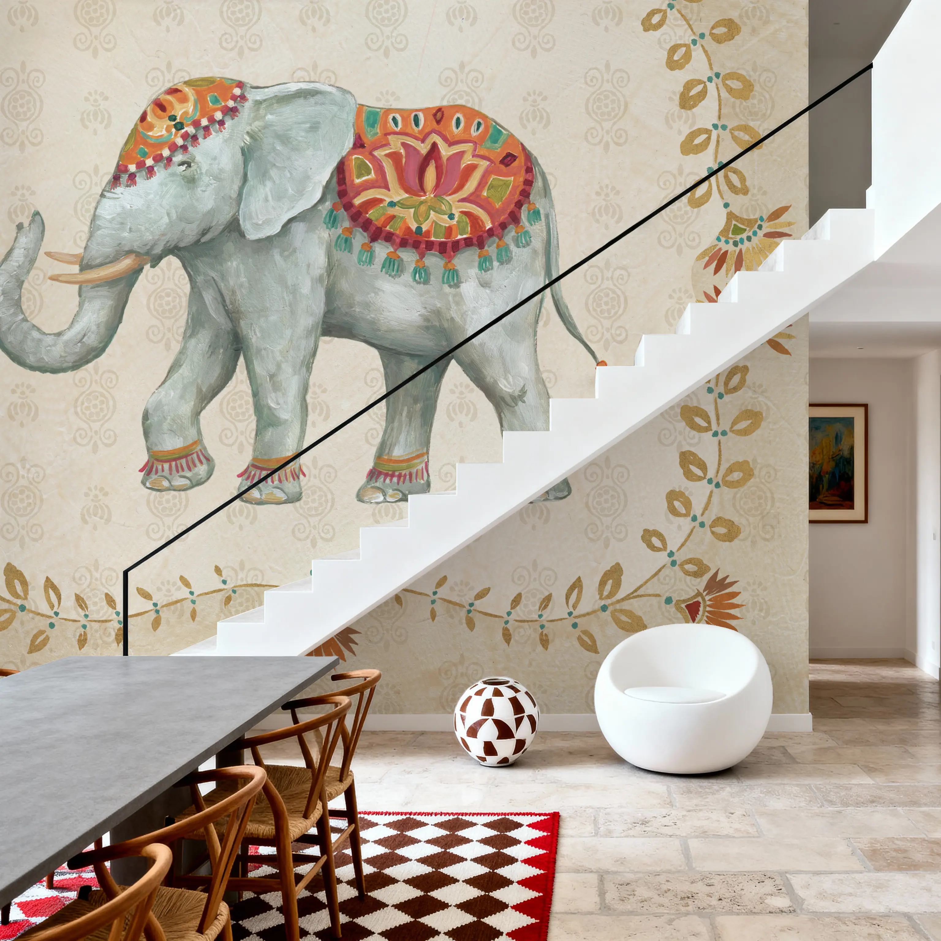 Fotobehang - Elephant Walk V - Folk Dieren Mural - Wit - Eetkamer - Wallism België - Zelfklevend of Vliesbehang