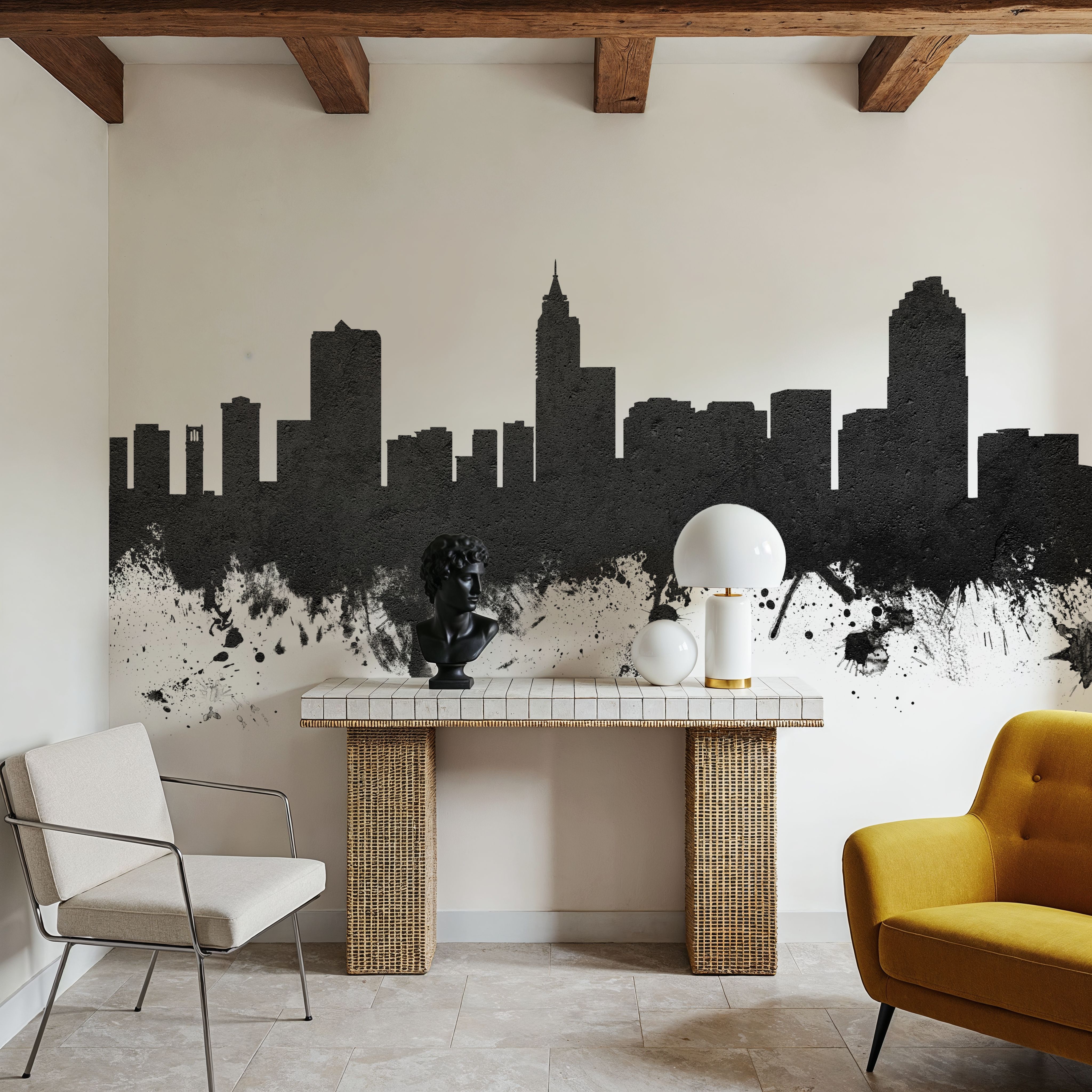 Wall Mural - Raleigh North Carolina Skyline Black & White - Gray - Living room - Wallism US - Premium, Textured or Peel & Stick