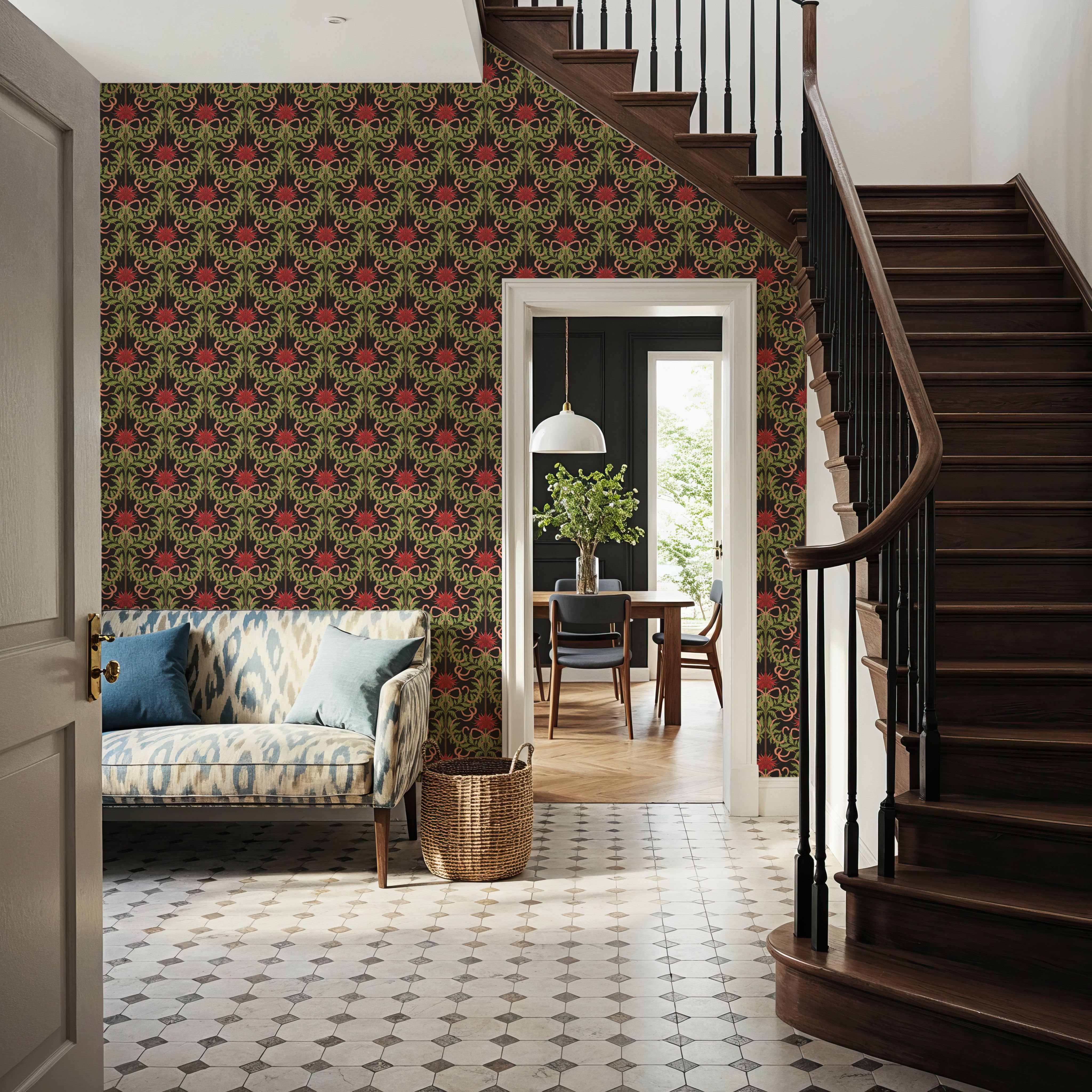 Floral Damask & Bows, Vermilion